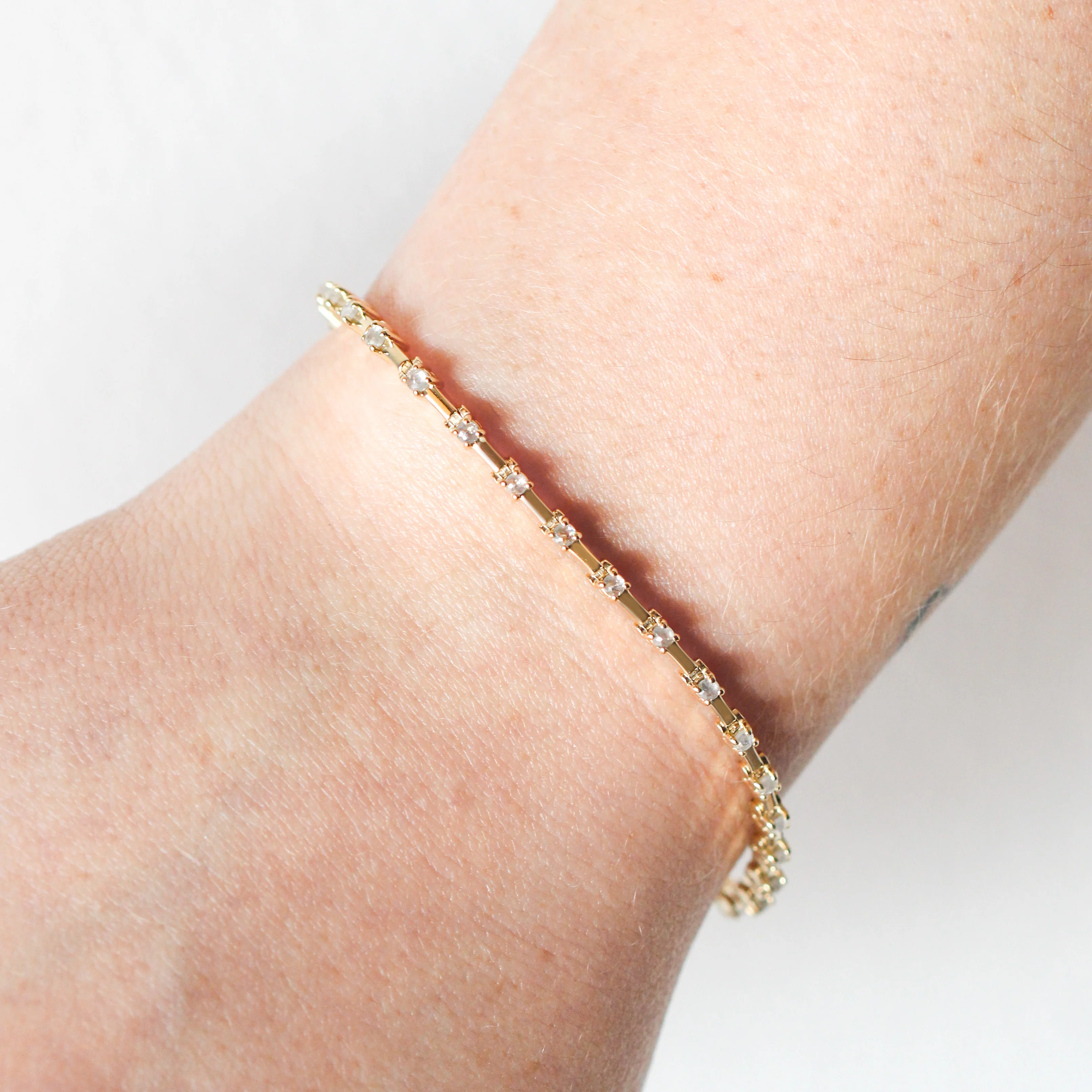 Modern Bar Link Bracelet with Rose Cut Diamonds in 14k Yellow Gold - Ready to Ship - Image 2