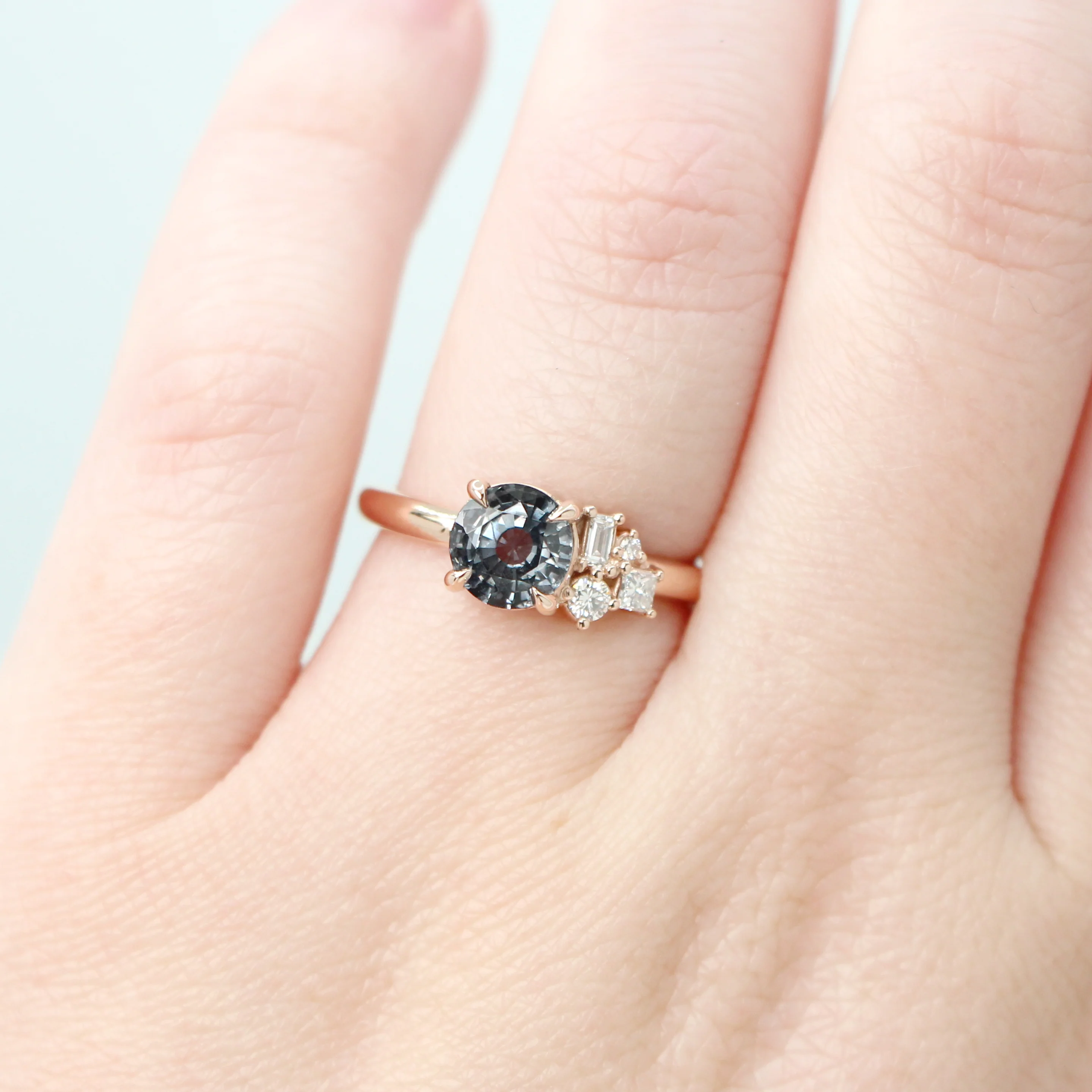 Project: Custom Abigail Ring with a 1.5+ Carat Round Blue Gray Spinel and White Accent Diamonds in 14k - Image 3