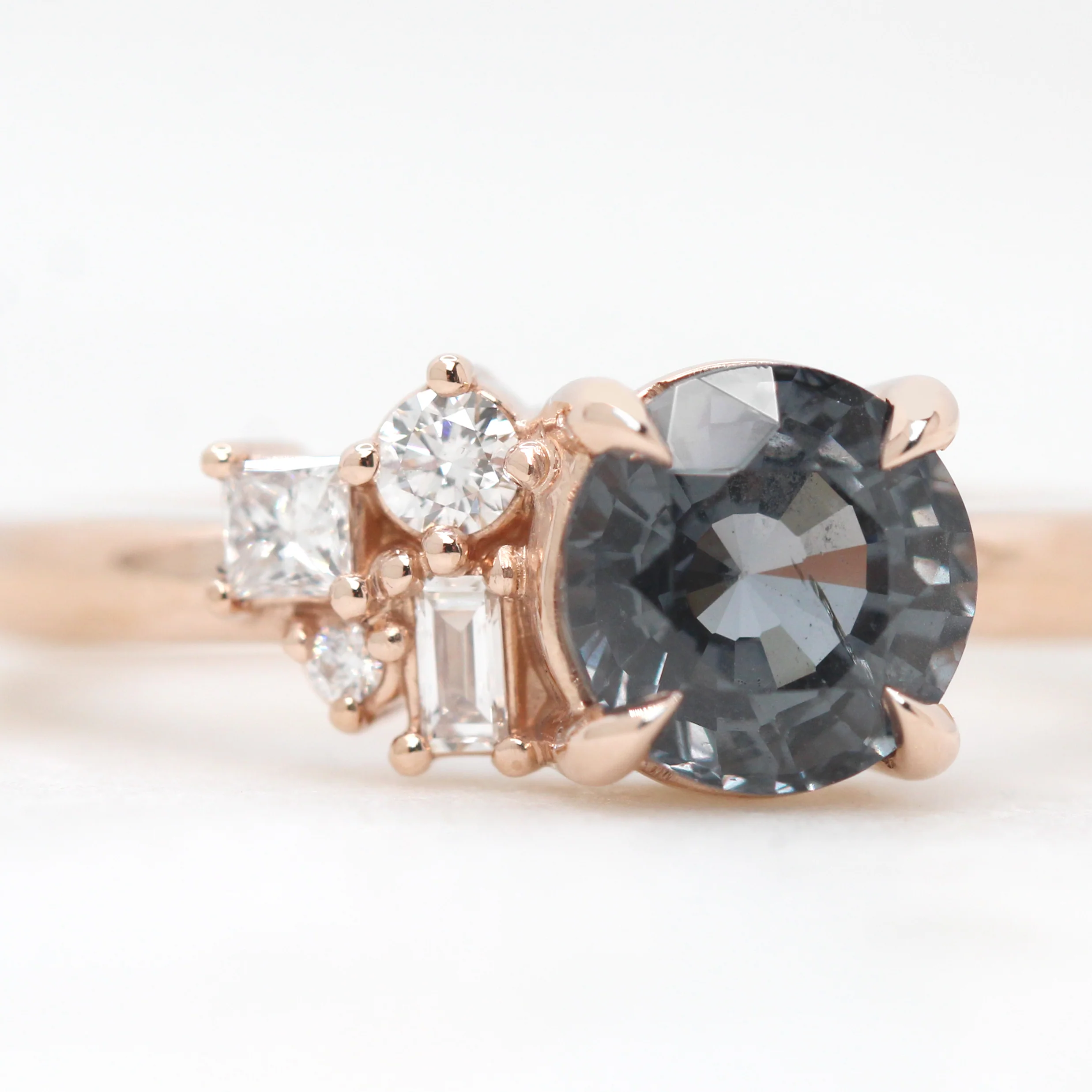 Project: Custom Abigail Ring with a 1.5+ Carat Round Blue Gray Spinel and White Accent Diamonds in 14k - Image 5