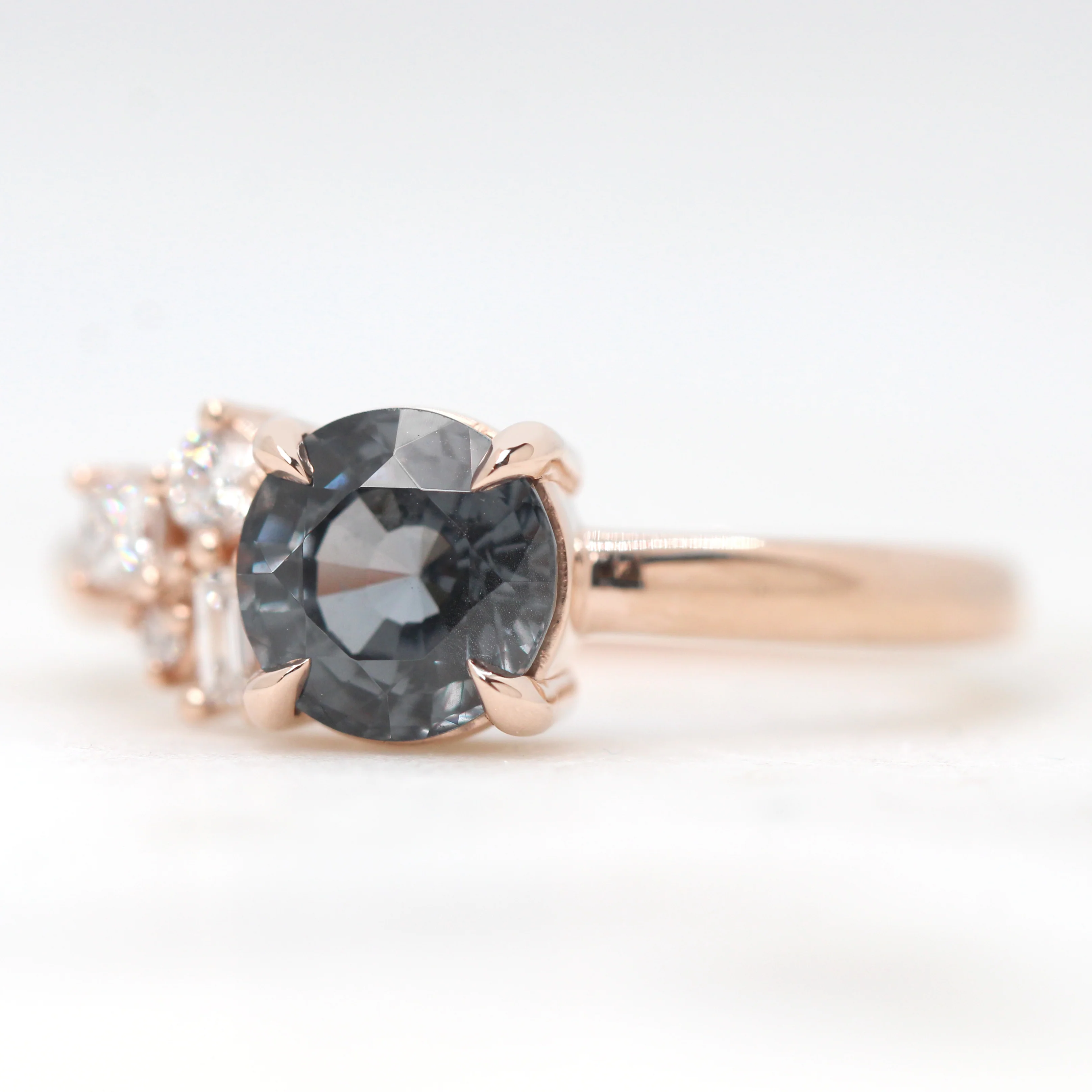 Project: Custom Abigail Ring with a 1.5+ Carat Round Blue Gray Spinel and White Accent Diamonds in 14k - Image 6