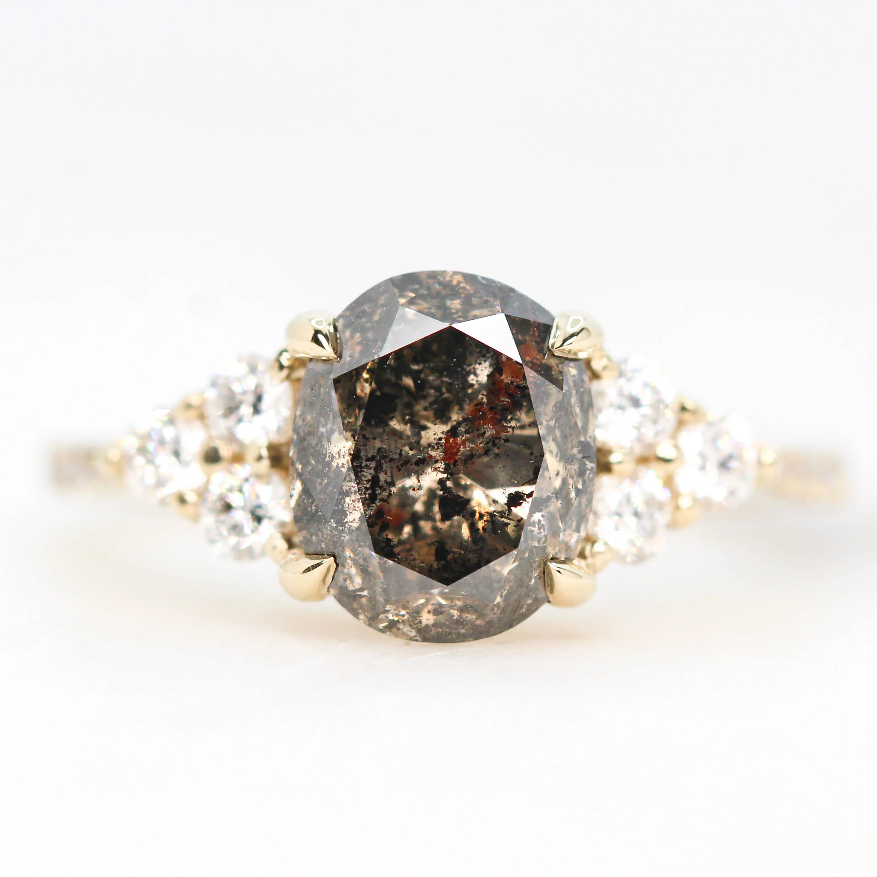 Project: Custom Alexandra Ring with a 3 Carat Oval Champagne Salt and Pepper Diamond and White Accent Diamonds in 14k