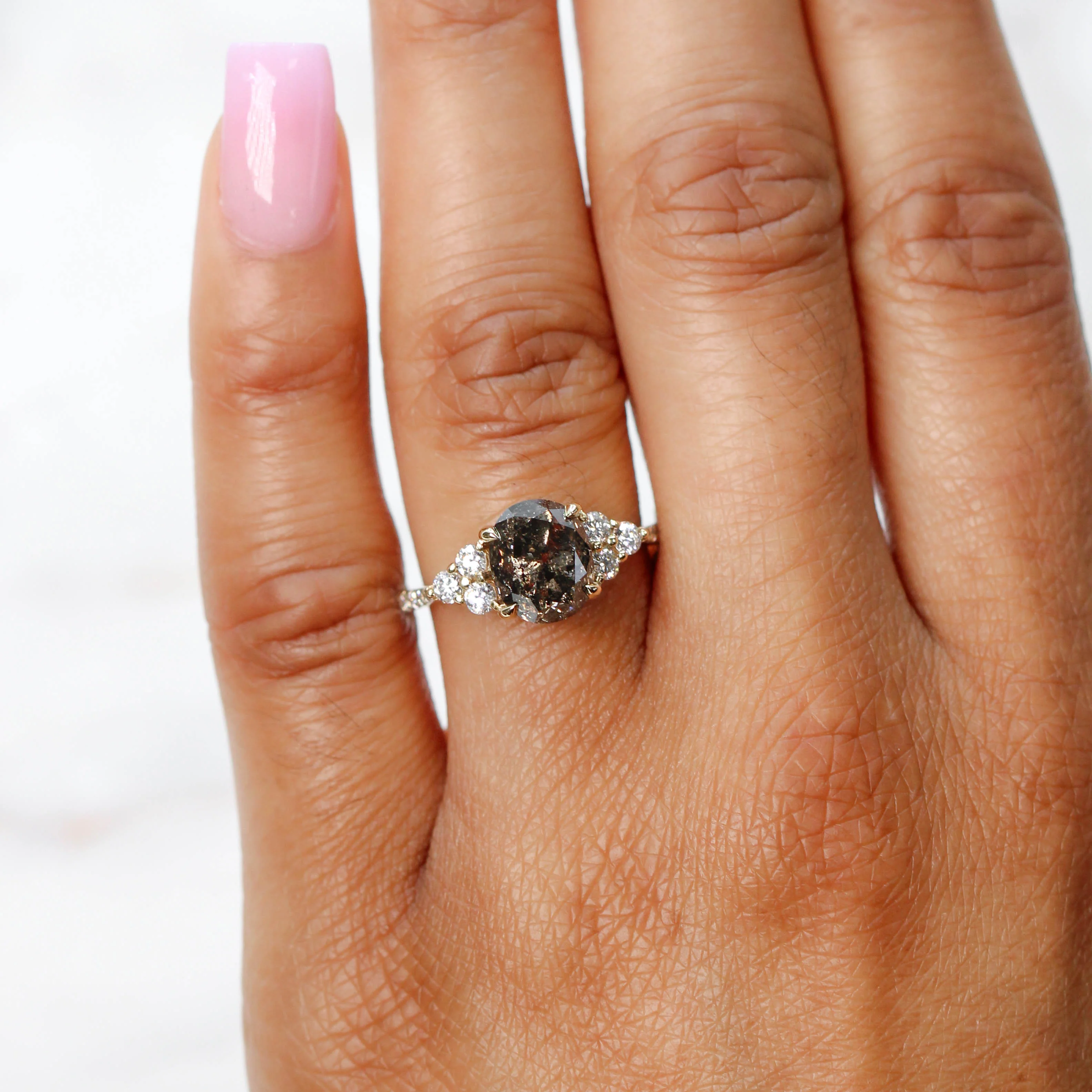 Project: Custom Alexandra Ring with a 3 Carat Oval Champagne Salt and Pepper Diamond and White Accent Diamonds in 14k - Image 2