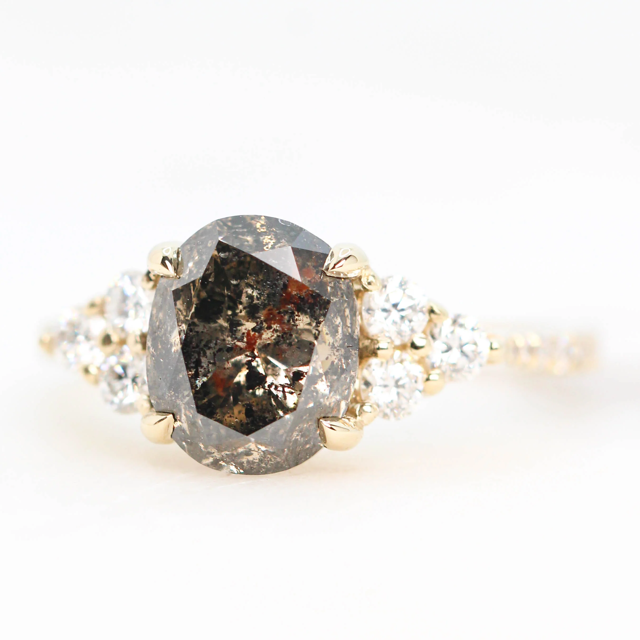 Project: Custom Alexandra Ring with a 3 Carat Oval Champagne Salt and Pepper Diamond and White Accent Diamonds in 14k - Image 3