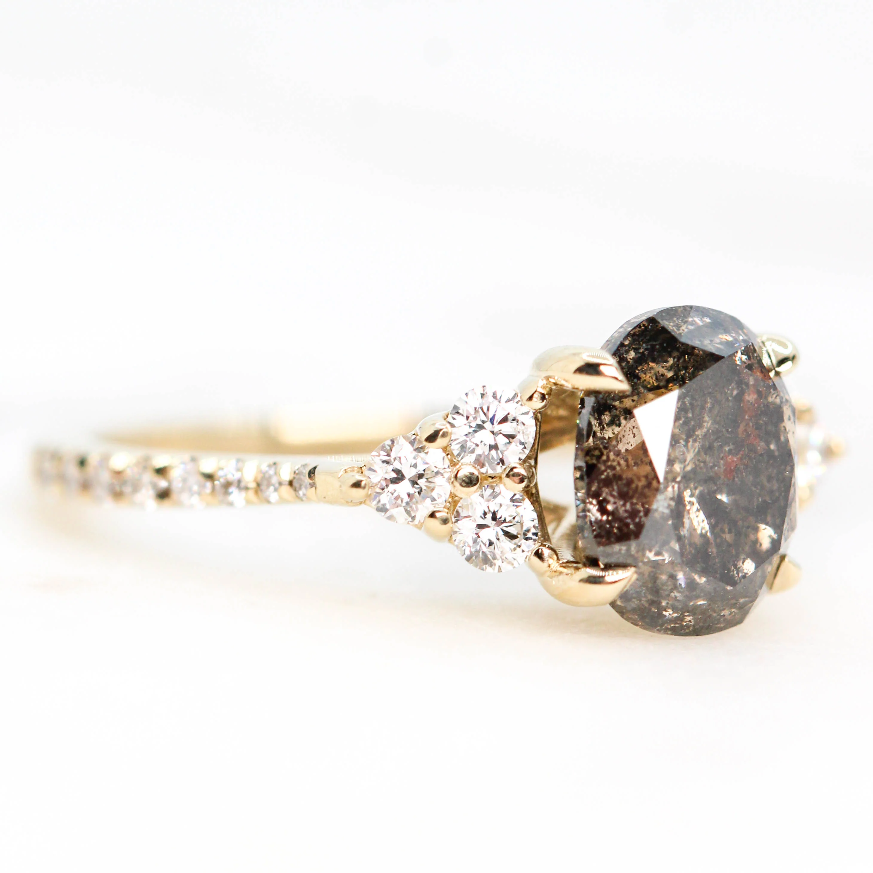 Project: Custom Alexandra Ring with a 3 Carat Oval Champagne Salt and Pepper Diamond and White Accent Diamonds in 14k - Image 4