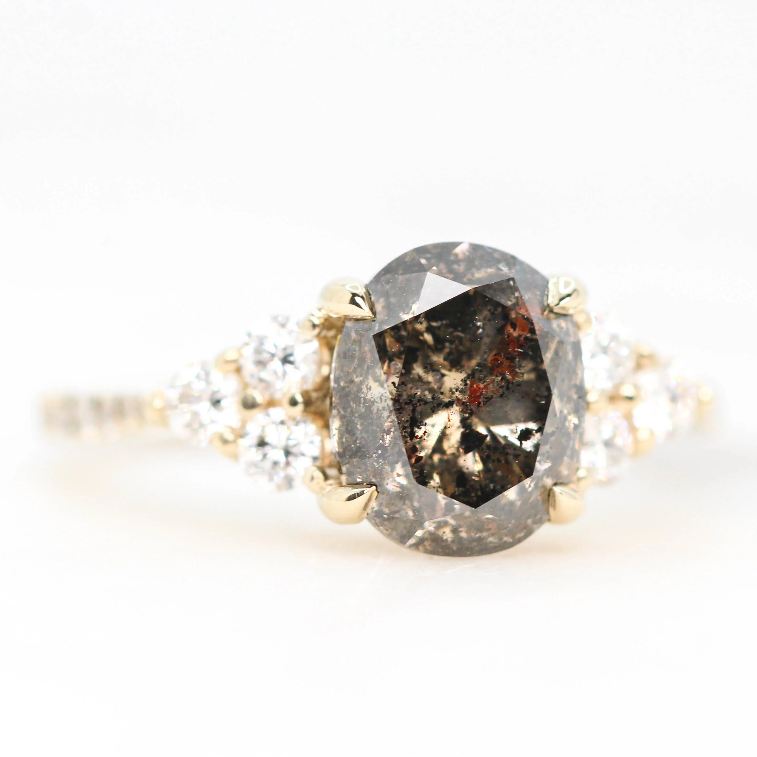 Project: Custom Alexandra Ring with a 3 Carat Oval Champagne Salt and Pepper Diamond and White Accent Diamonds in 14k - Image 5