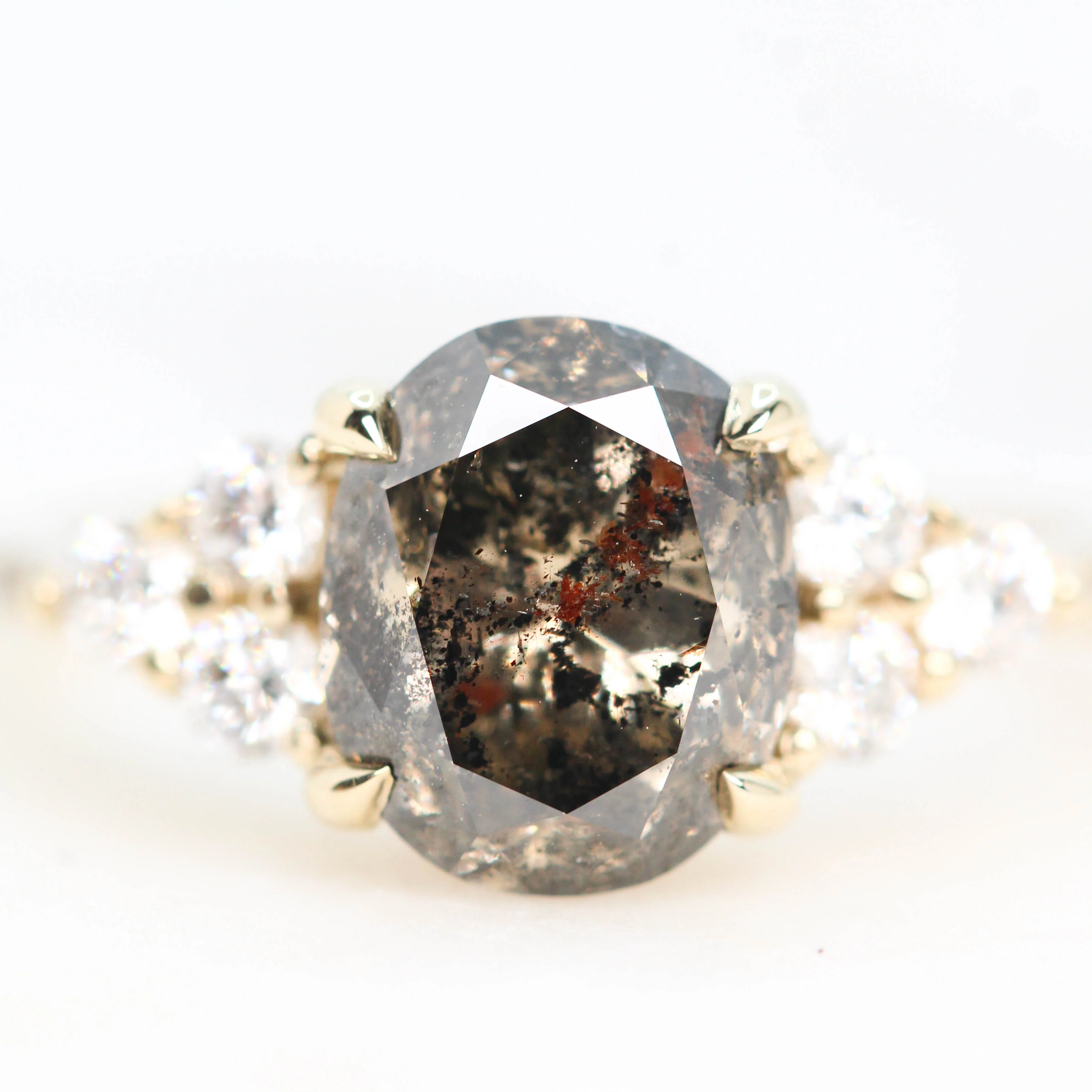 Project: Custom Alexandra Ring with a 3 Carat Oval Champagne Salt and Pepper Diamond and White Accent Diamonds in 14k - Image 8