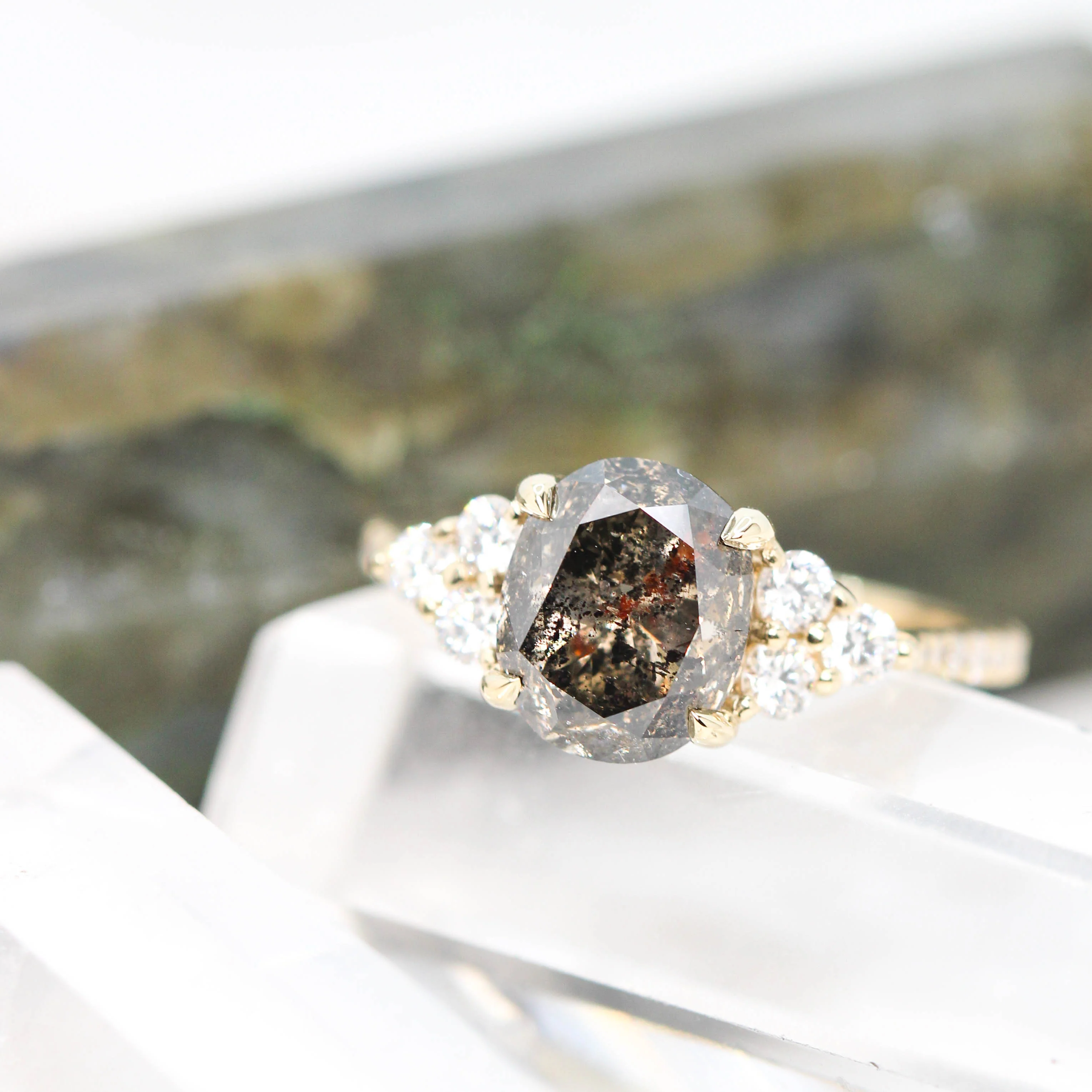 Project: Custom Alexandra Ring with a 3 Carat Oval Champagne Salt and Pepper Diamond and White Accent Diamonds in 14k - Image 9