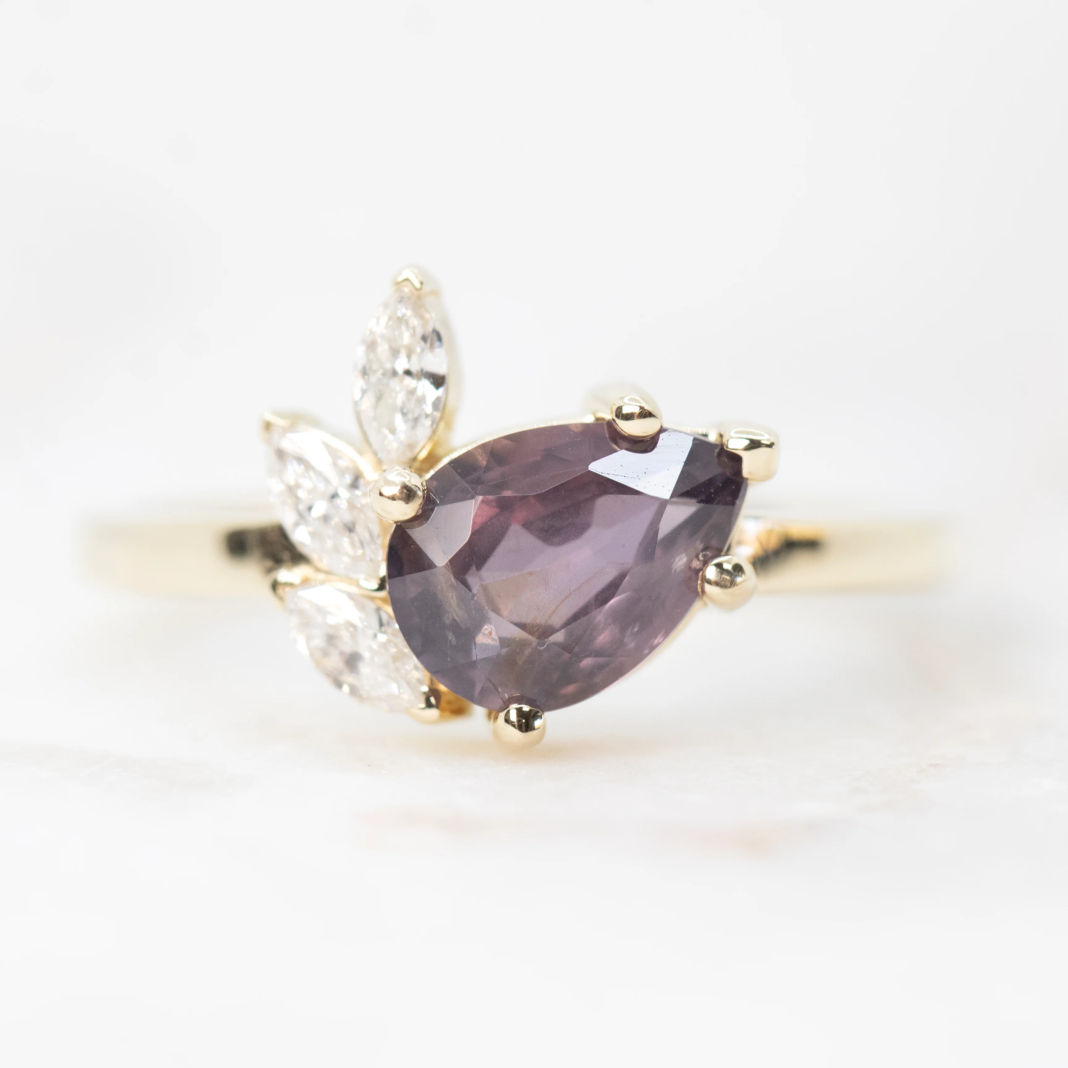 Alyssa Ring with a 1.50 Carat Berry Pear Sapphire and White Accent Diamonds in 14k Yellow Gold - Ready to Size and Ship