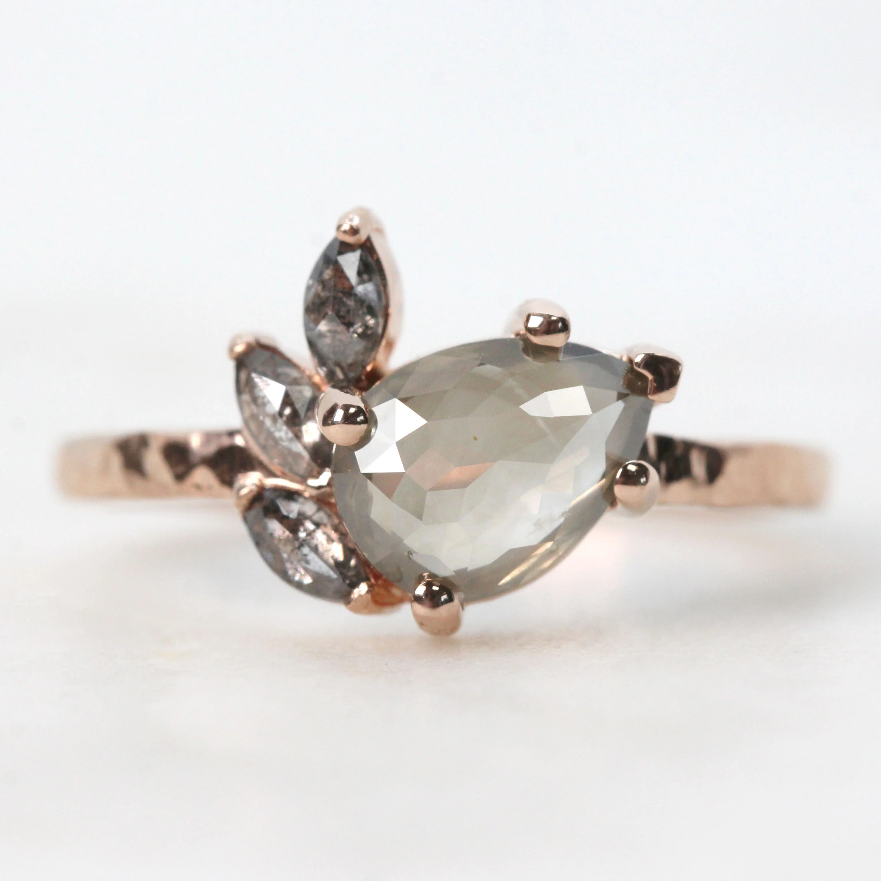 Project: Custom Alyssa Ring with a 1+ Carat Misty Gray Pear Salt and Pepper Diamond and Black Accent Diamonds in 14k