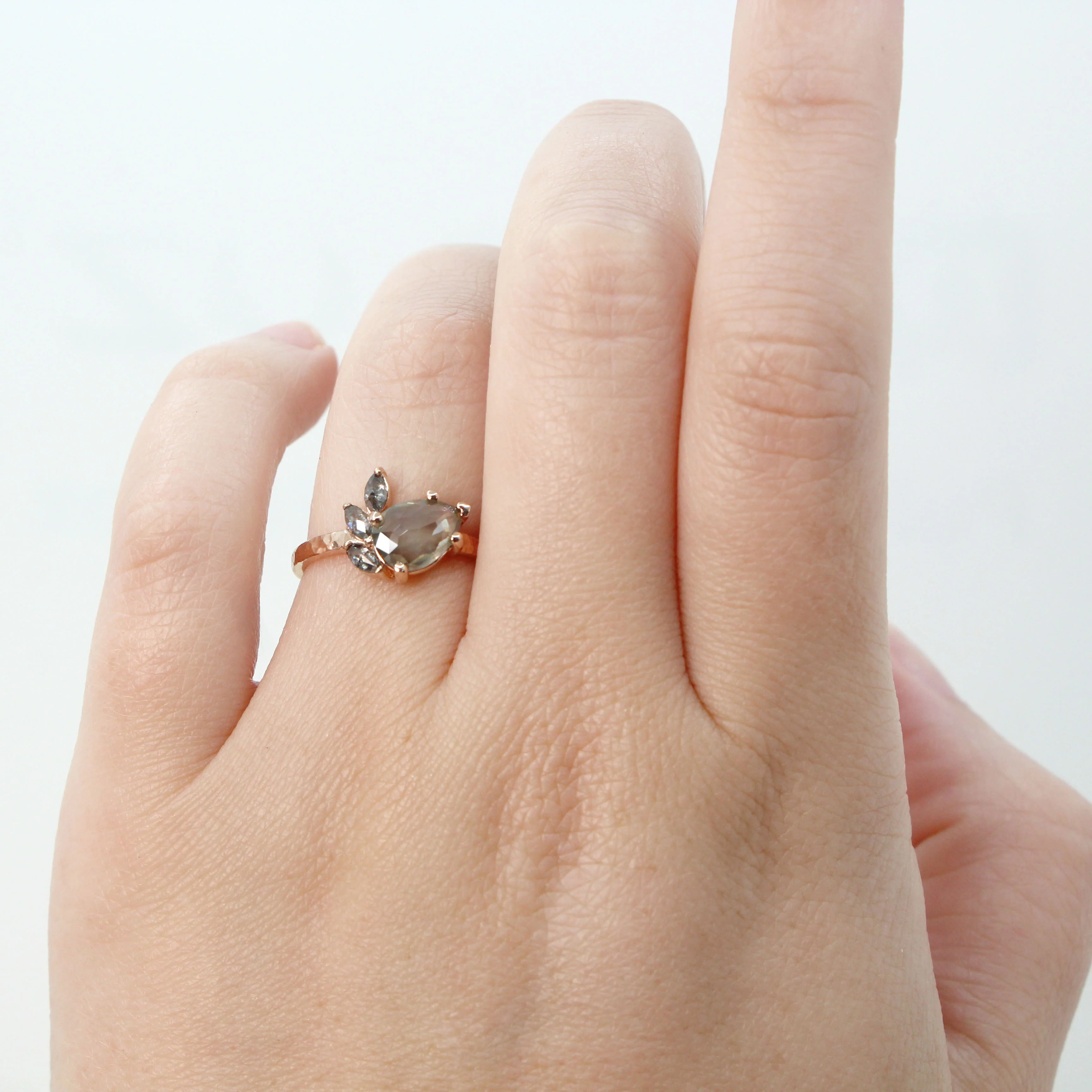 Project: Custom Alyssa Ring with a 1+ Carat Misty Gray Pear Salt and Pepper Diamond and Black Accent Diamonds in 14k - Image 2