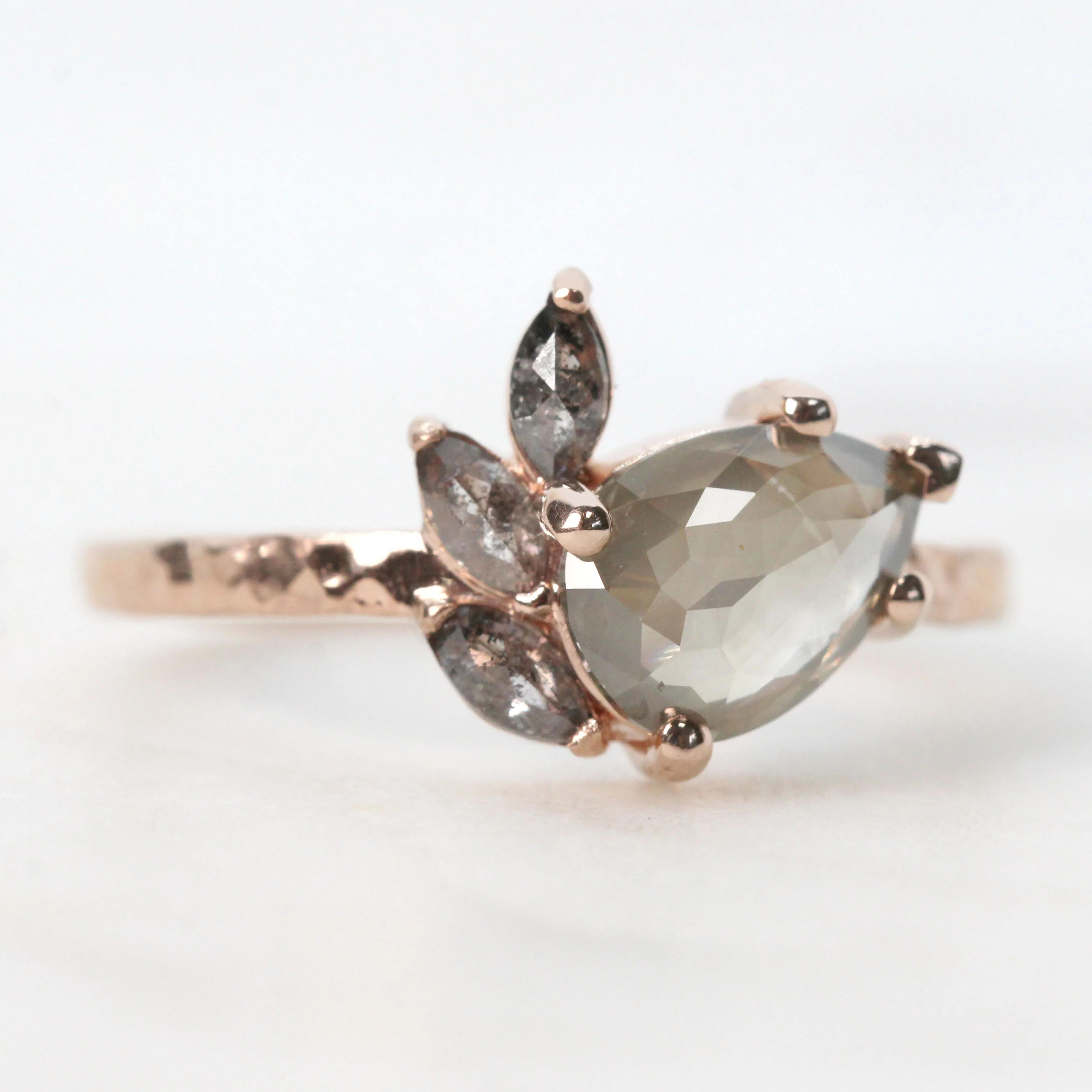 Project: Custom Alyssa Ring with a 1+ Carat Misty Gray Pear Salt and Pepper Diamond and Black Accent Diamonds in 14k - Image 3