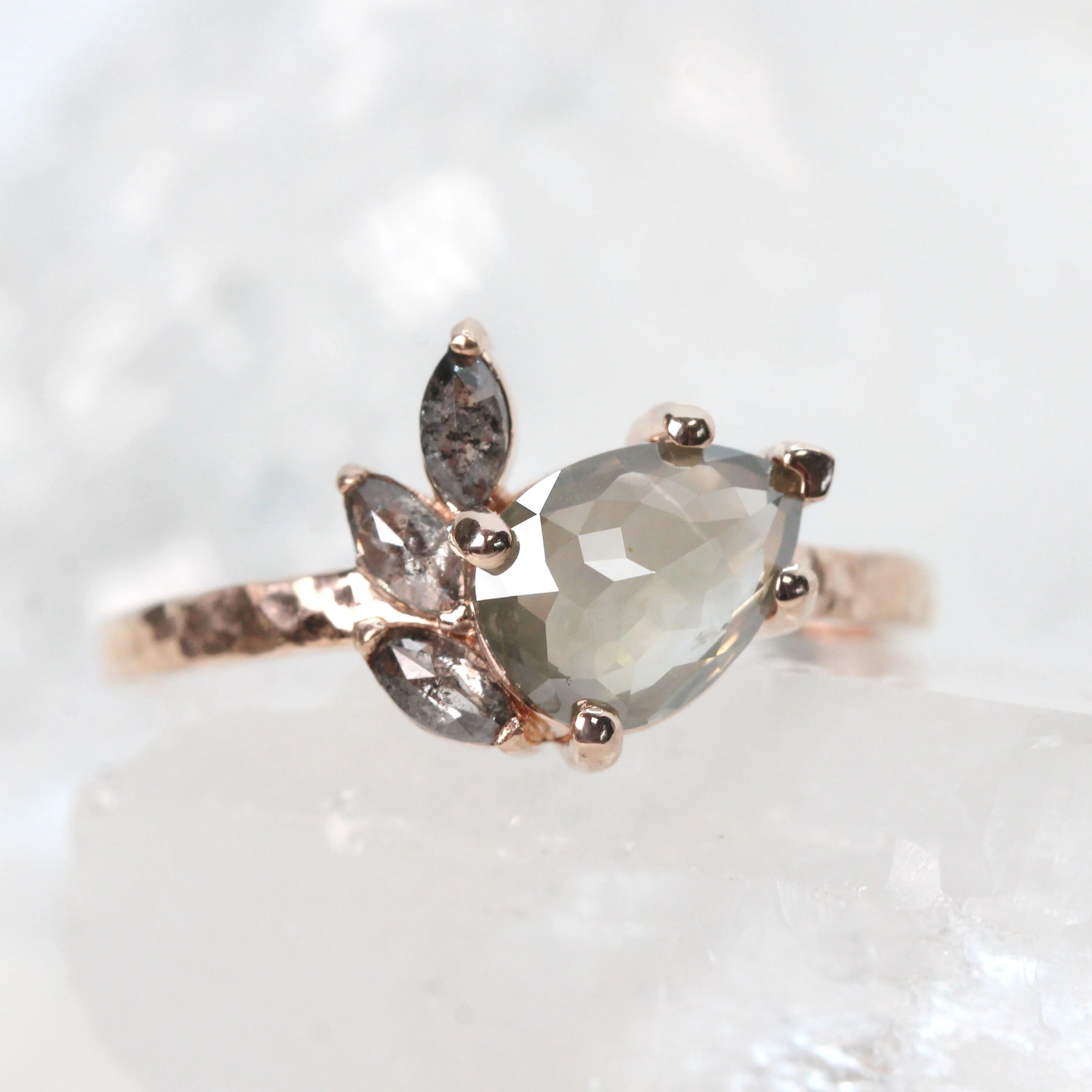 Project: Custom Alyssa Ring with a 1+ Carat Misty Gray Pear Salt and Pepper Diamond and Black Accent Diamonds in 14k - Image 7