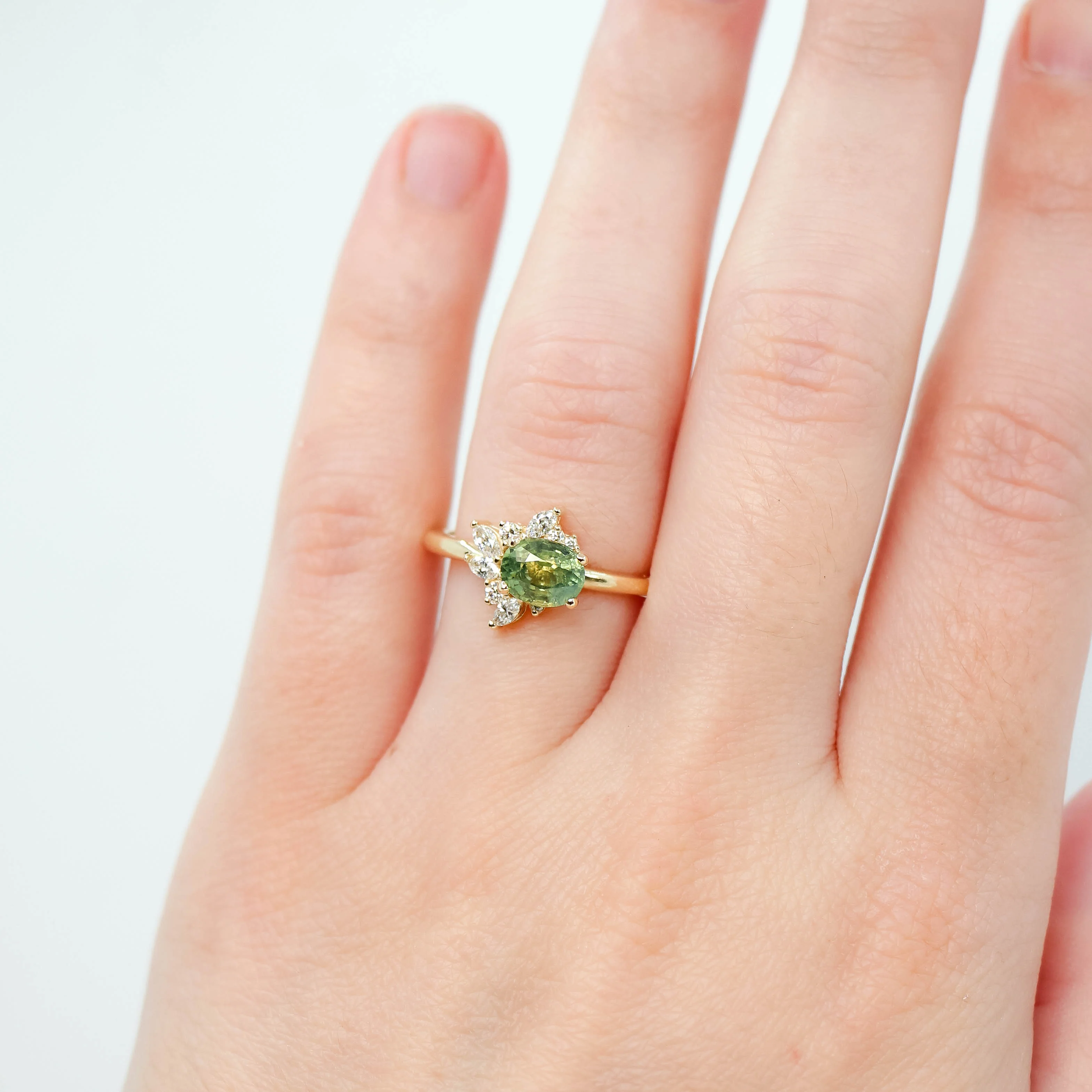 Amaya Ring with a 1.25 Carat Green Oval Sapphire and White Accent Diamonds in 14k Yellow Gold - Ready to Size and Ship - Image 2
