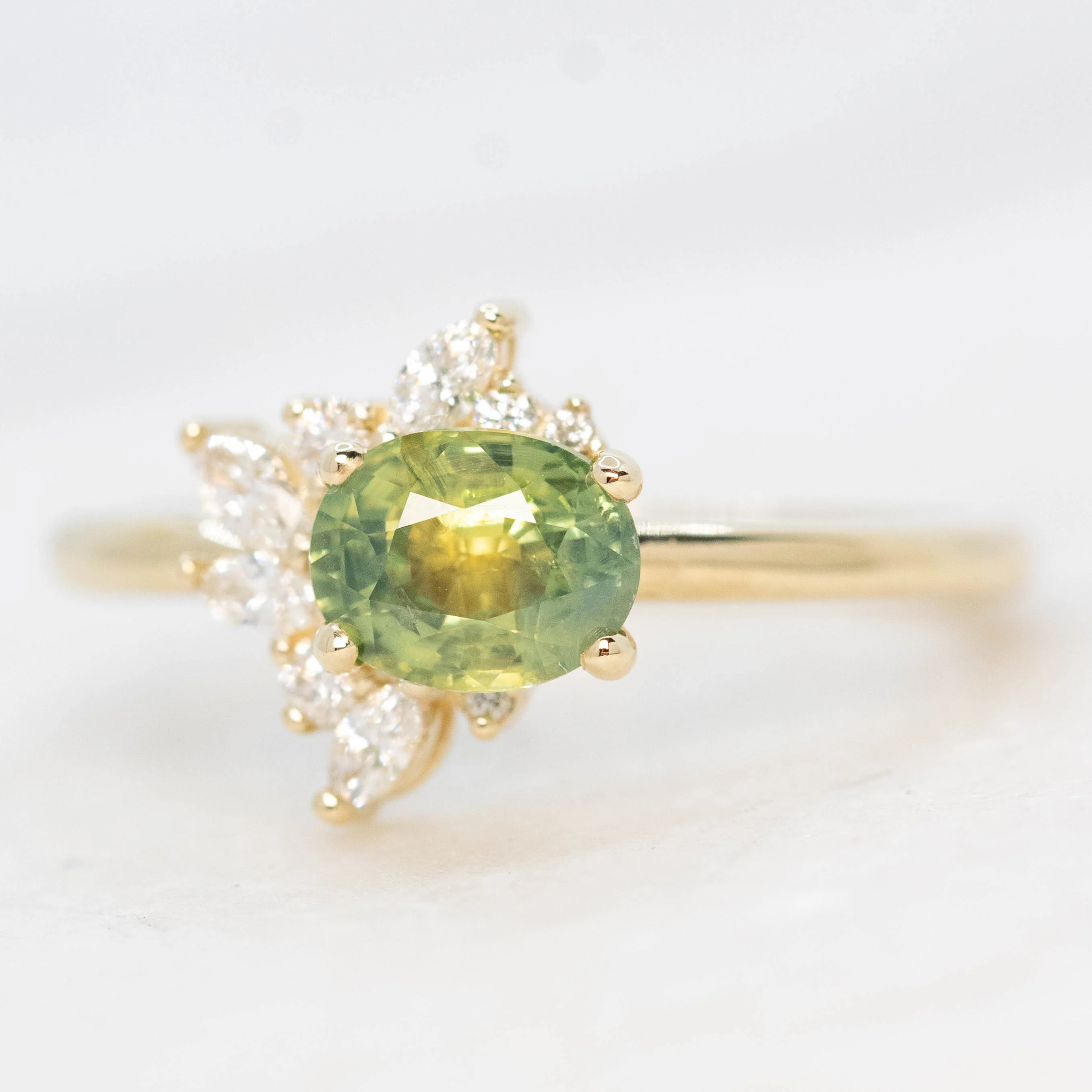 Amaya Ring with a 1.25 Carat Green Oval Sapphire and White Accent Diamonds in 14k Yellow Gold - Ready to Size and Ship - Image 3