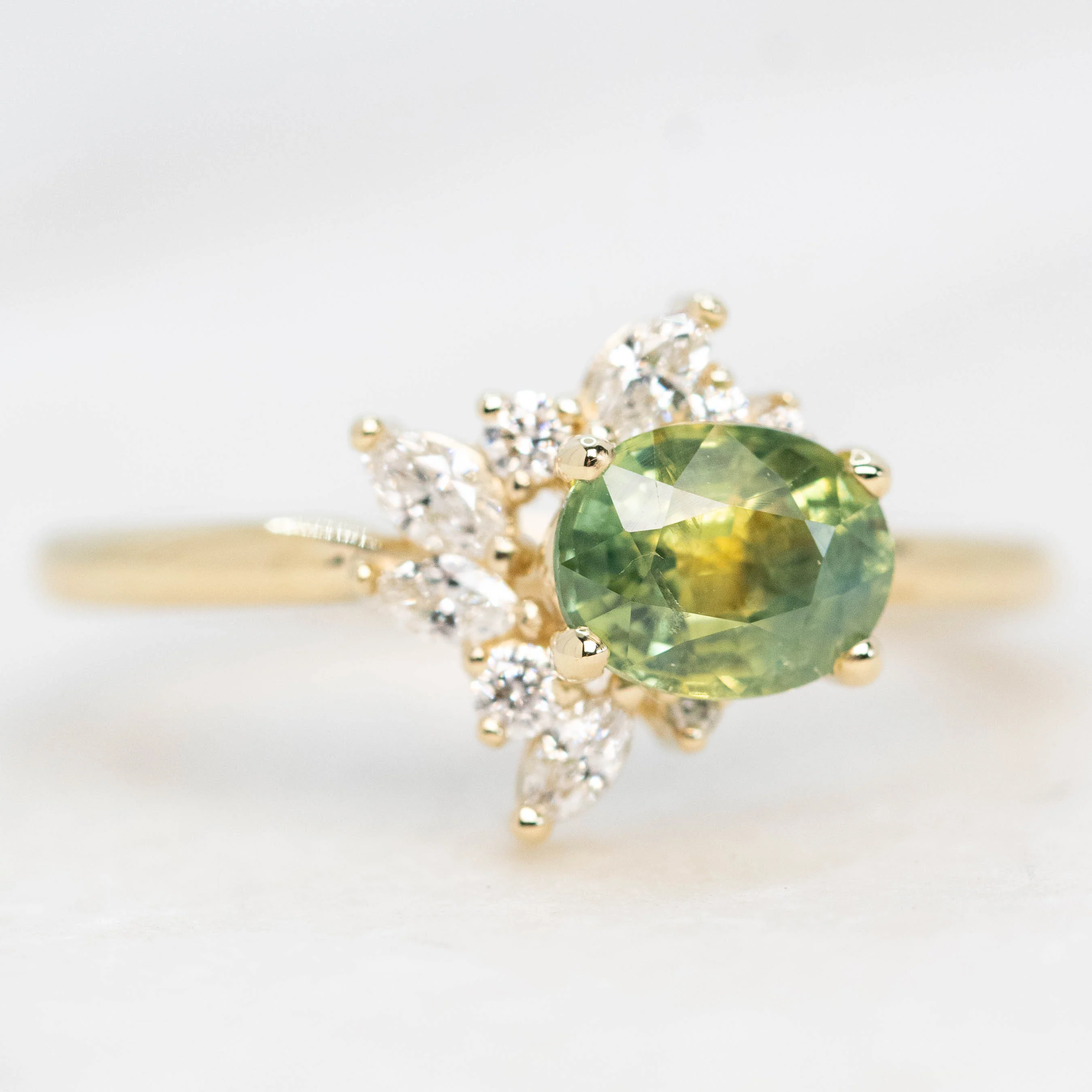 Amaya Ring with a 1.25 Carat Green Oval Sapphire and White Accent Diamonds in 14k Yellow Gold - Ready to Size and Ship - Image 4
