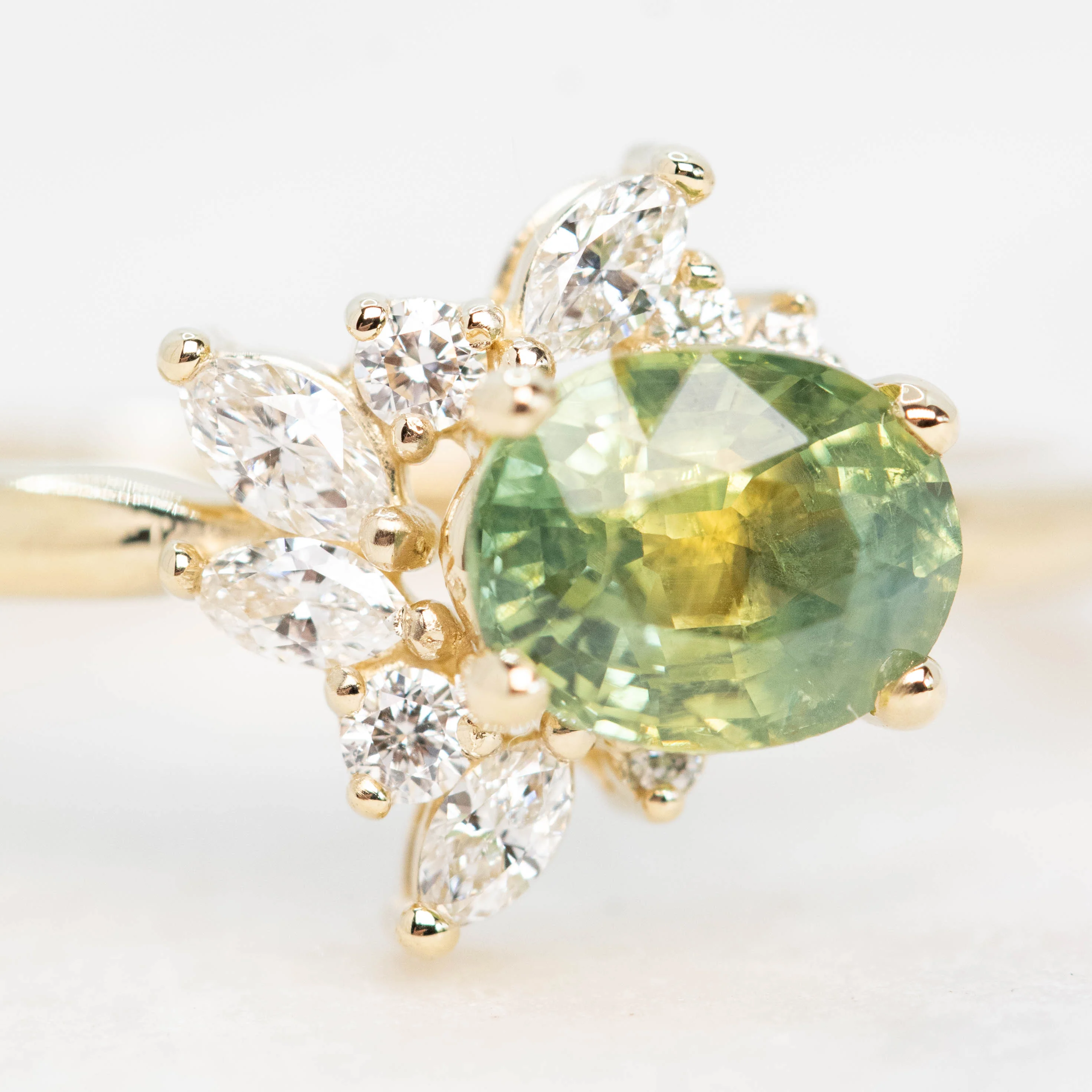 Amaya Ring with a 1.25 Carat Green Oval Sapphire and White Accent Diamonds in 14k Yellow Gold - Ready to Size and Ship - Image 8