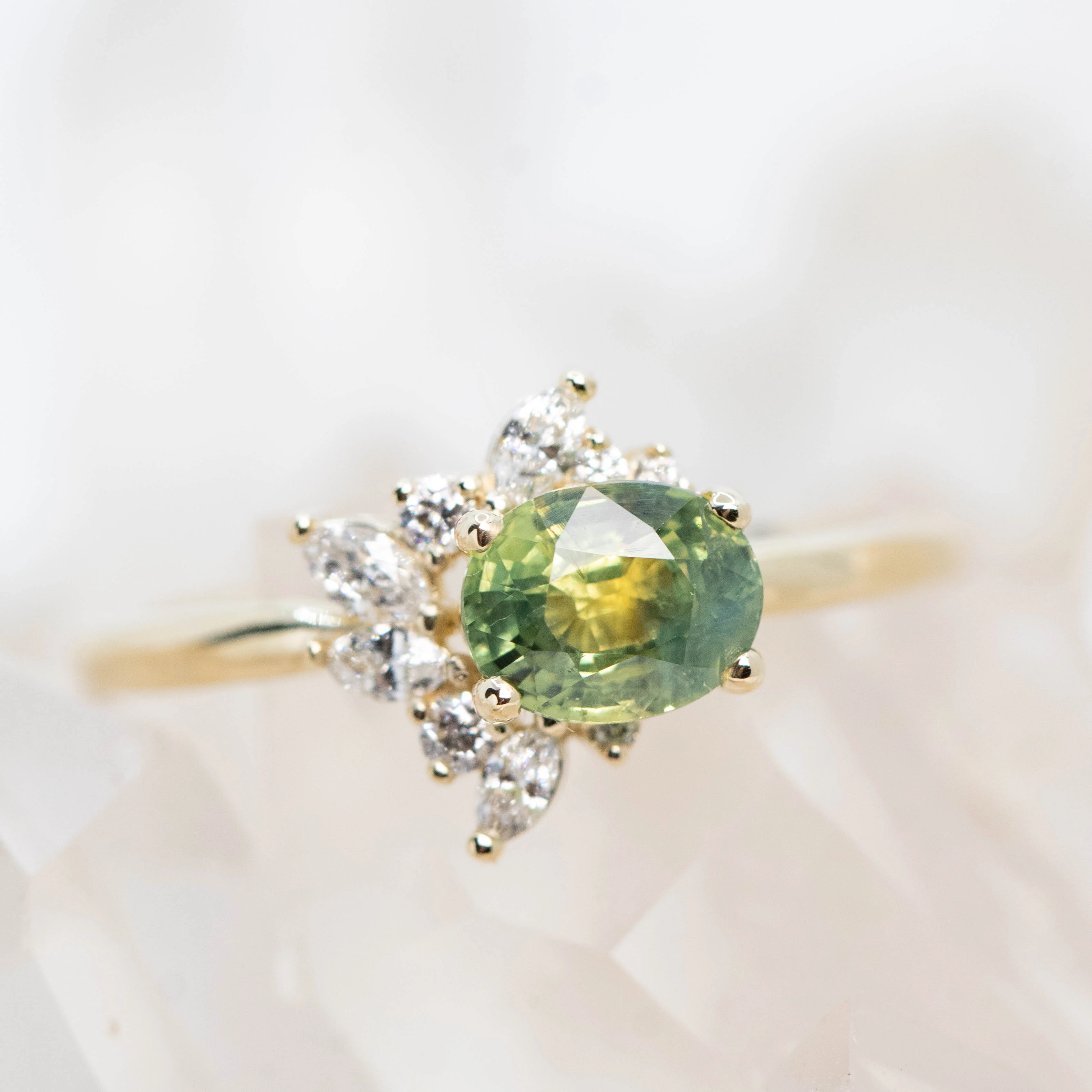 Amaya Ring with a 1.25 Carat Green Oval Sapphire and White Accent Diamonds in 14k Yellow Gold - Ready to Size and Ship - Image 9