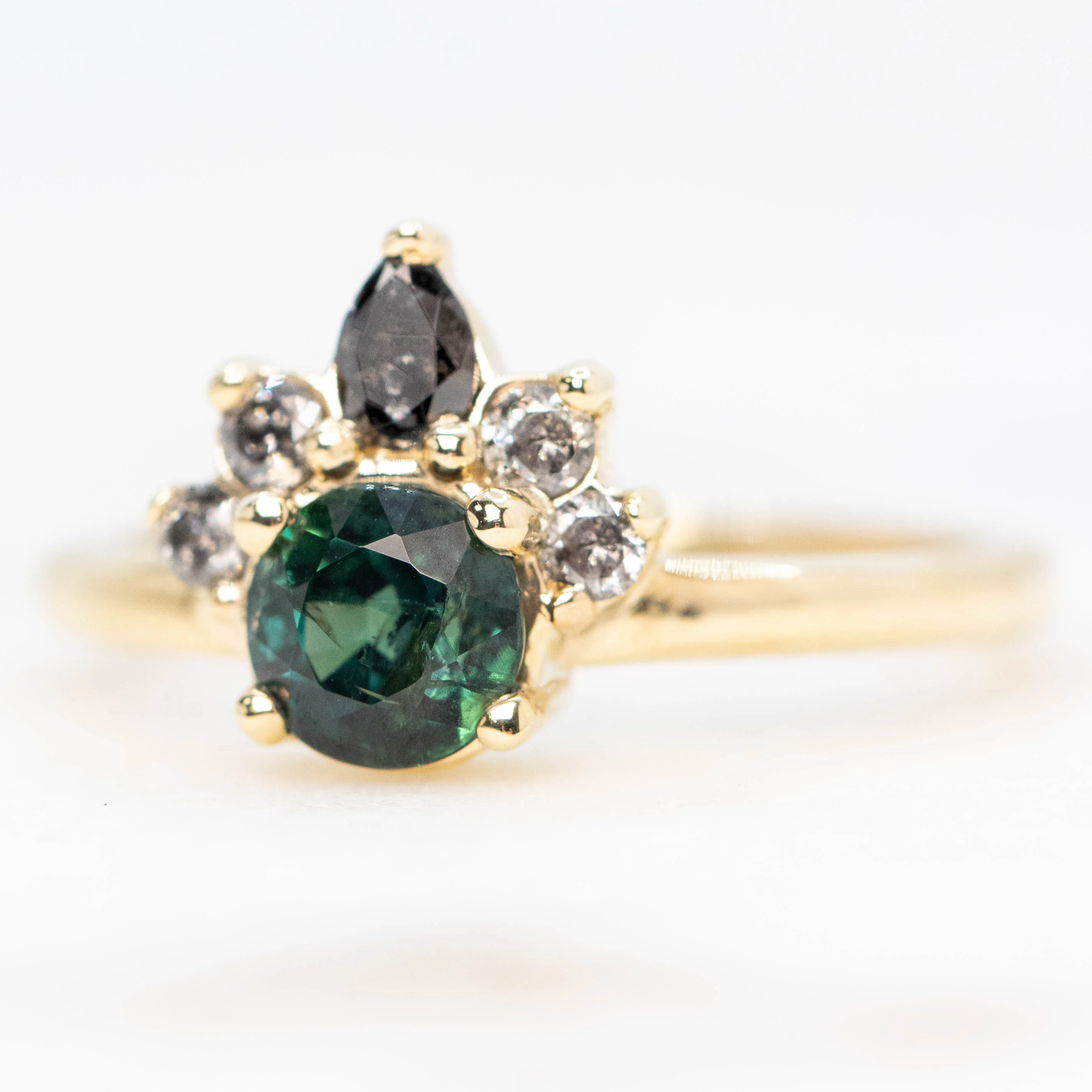 Blair Ring with a 1.09 Carat Round Teal Green Sapphire and Gray and Black Accent Diamonds in 10k Yellow Gold - Ready to Size and Ship - Image 3