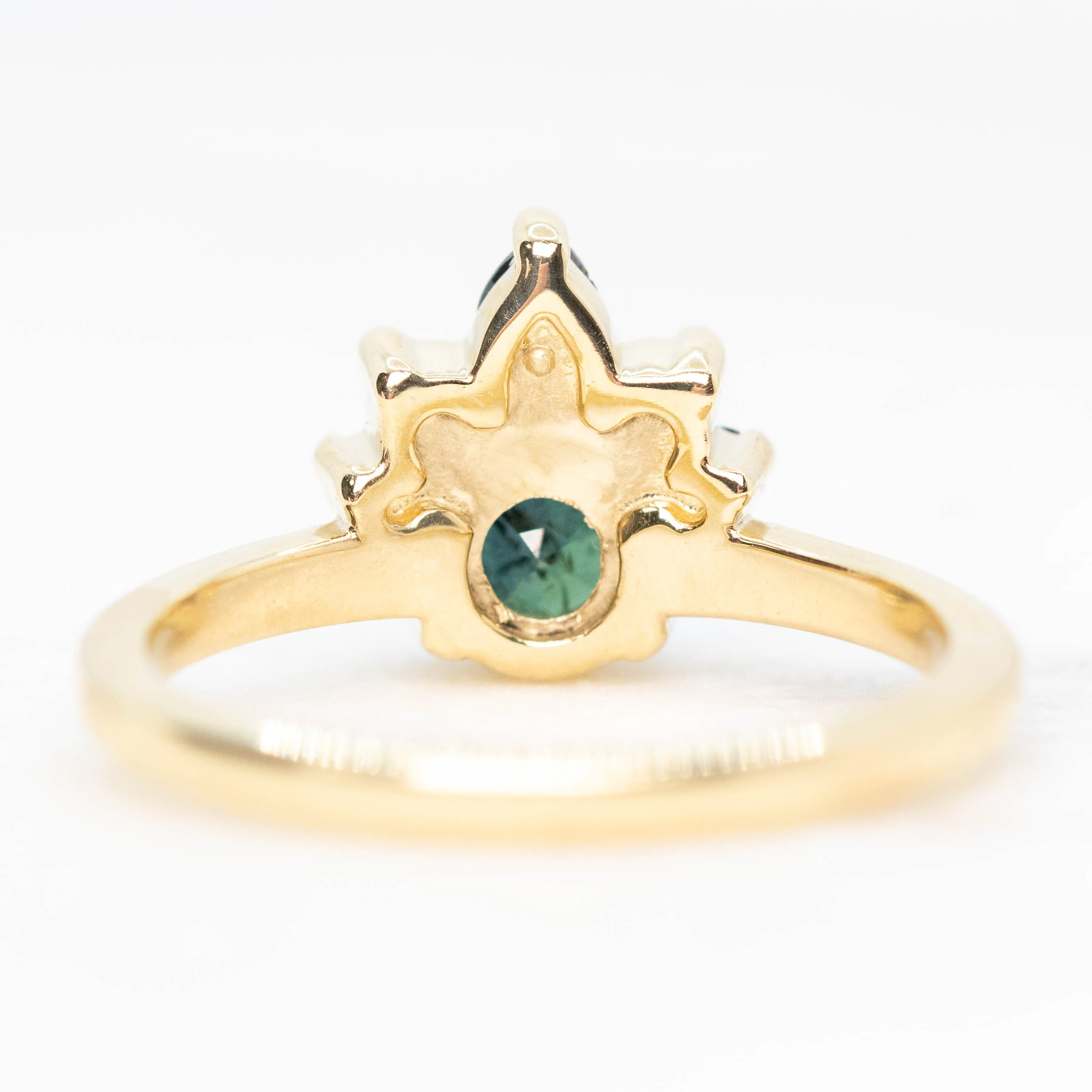 Blair Ring with a 1.09 Carat Round Teal Green Sapphire and Gray and Black Accent Diamonds in 10k Yellow Gold - Ready to Size and Ship - Image 5