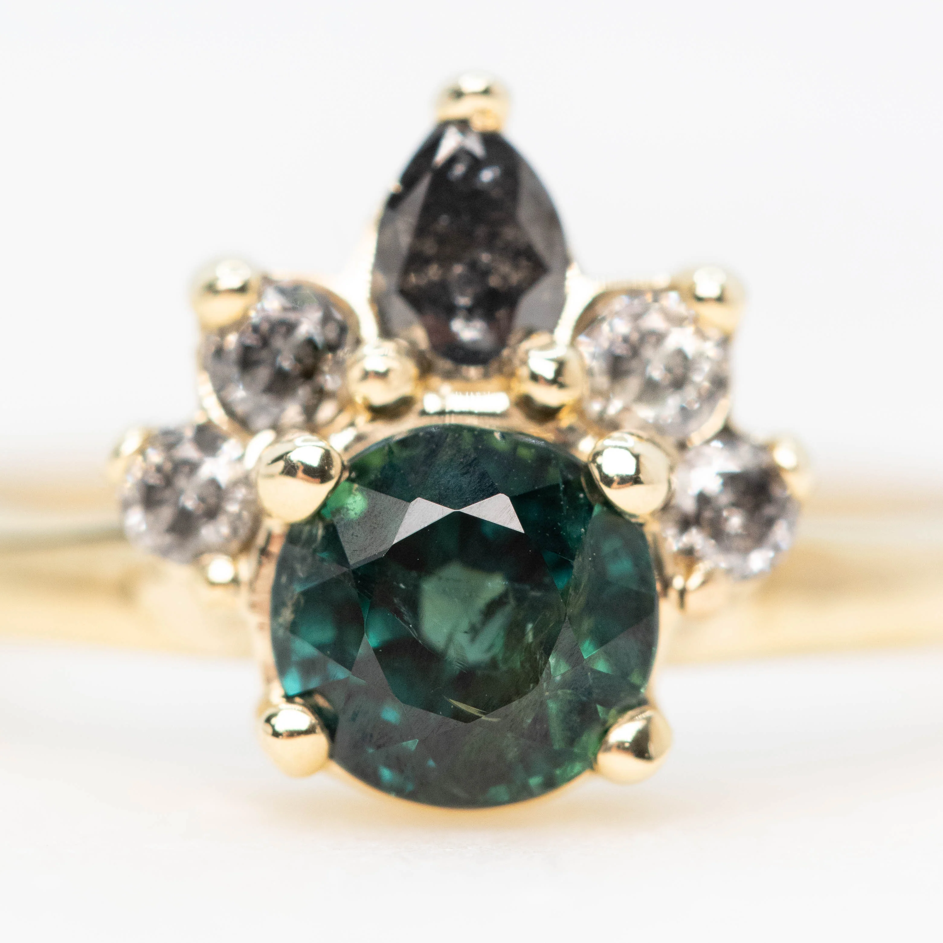 Blair Ring with a 1.09 Carat Round Teal Green Sapphire and Gray and Black Accent Diamonds in 10k Yellow Gold - Ready to Size and Ship - Image 7
