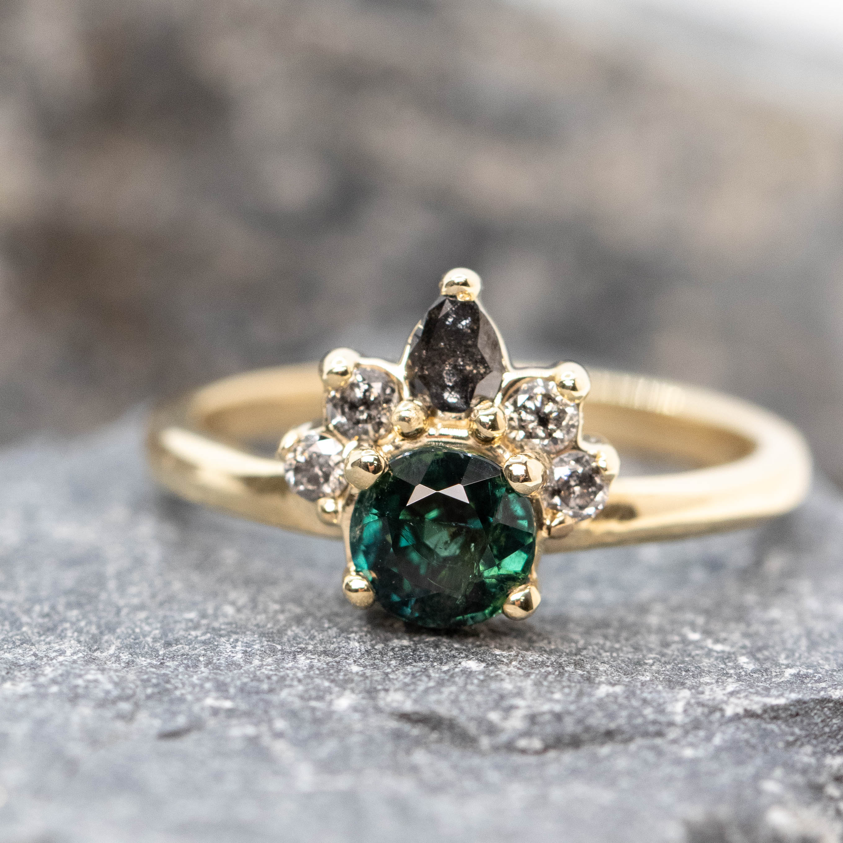 Blair Ring with a 1.09 Carat Round Teal Green Sapphire and Gray and Black Accent Diamonds in 10k Yellow Gold - Ready to Size and Ship - Image 8