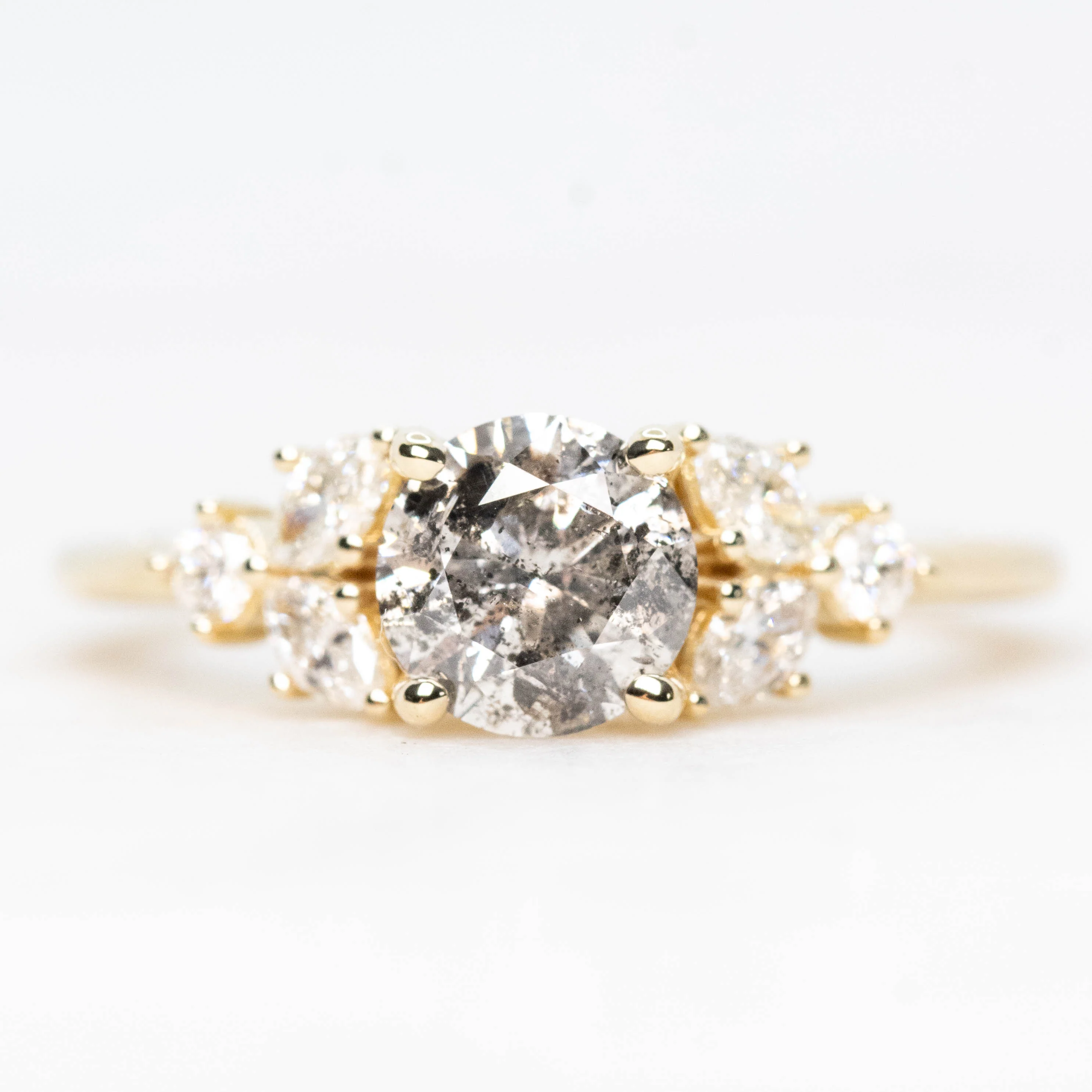 Andia Ring with a 1.10 Carat Round Gray Salt and Pepper Diamond and White Accent Diamonds in 14k Yellow Gold - Ready to Size and Ship