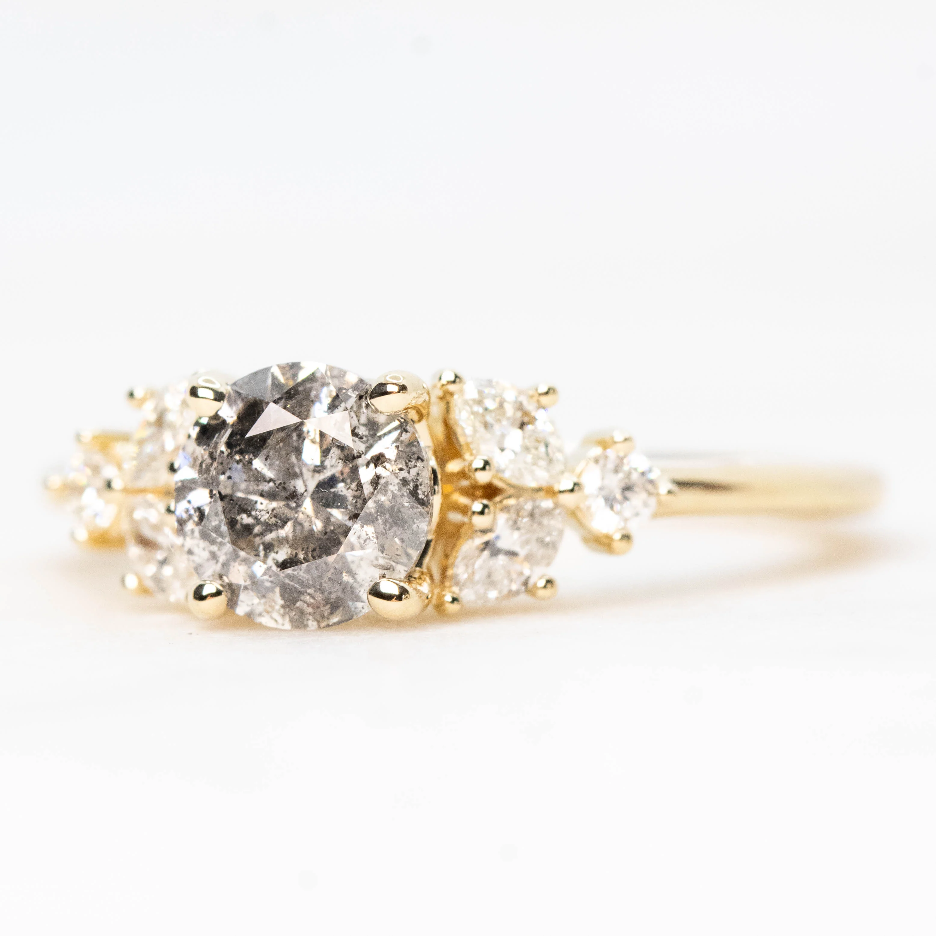 Andia Ring with a 1.10 Carat Round Gray Salt and Pepper Diamond and White Accent Diamonds in 14k Yellow Gold - Ready to Size and Ship - Image 3