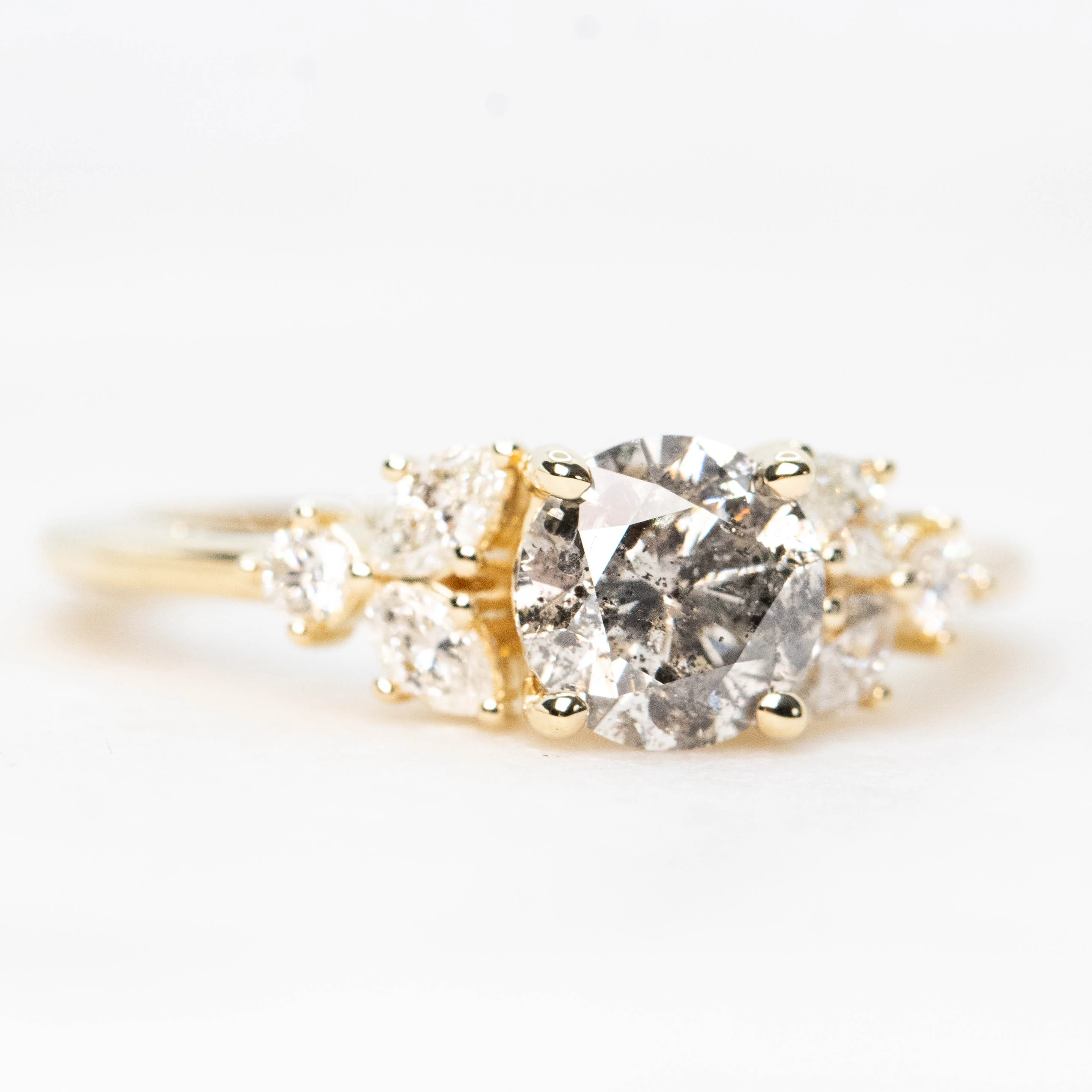 Andia Ring with a 1.10 Carat Round Gray Salt and Pepper Diamond and White Accent Diamonds in 14k Yellow Gold - Ready to Size and Ship - Image 4