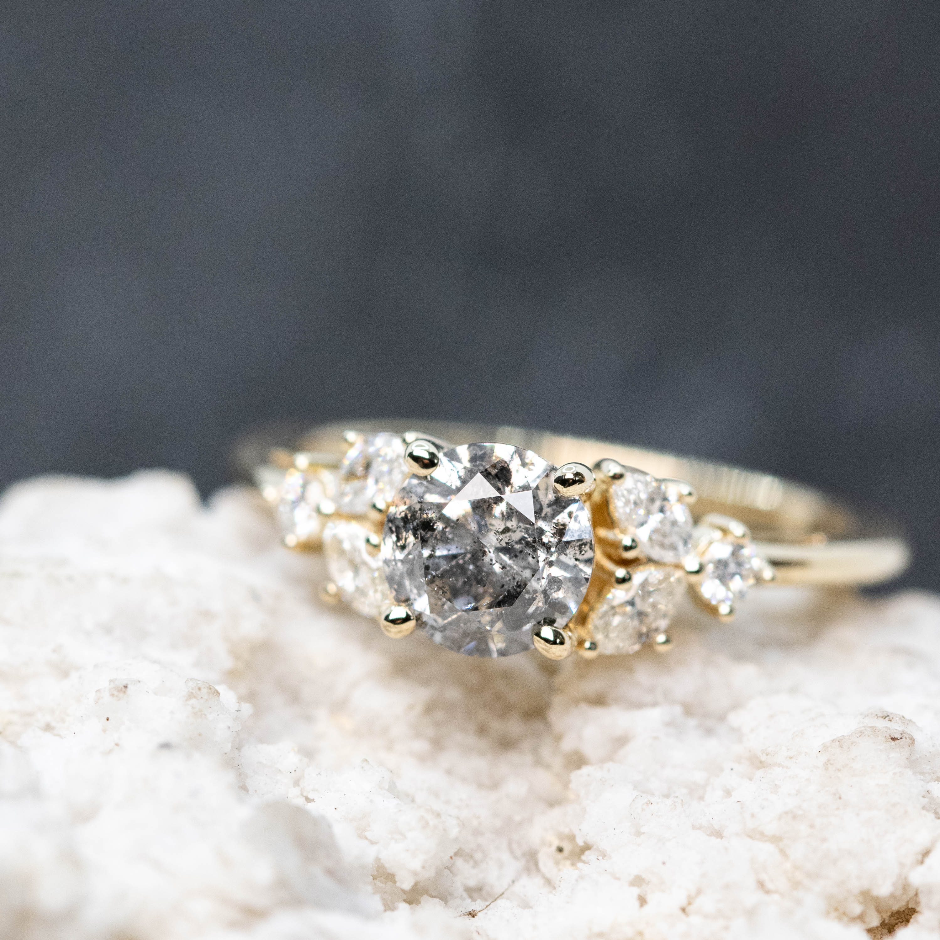 Andia Ring with a 1.10 Carat Round Gray Salt and Pepper Diamond and White Accent Diamonds in 14k Yellow Gold - Ready to Size and Ship - Image 8