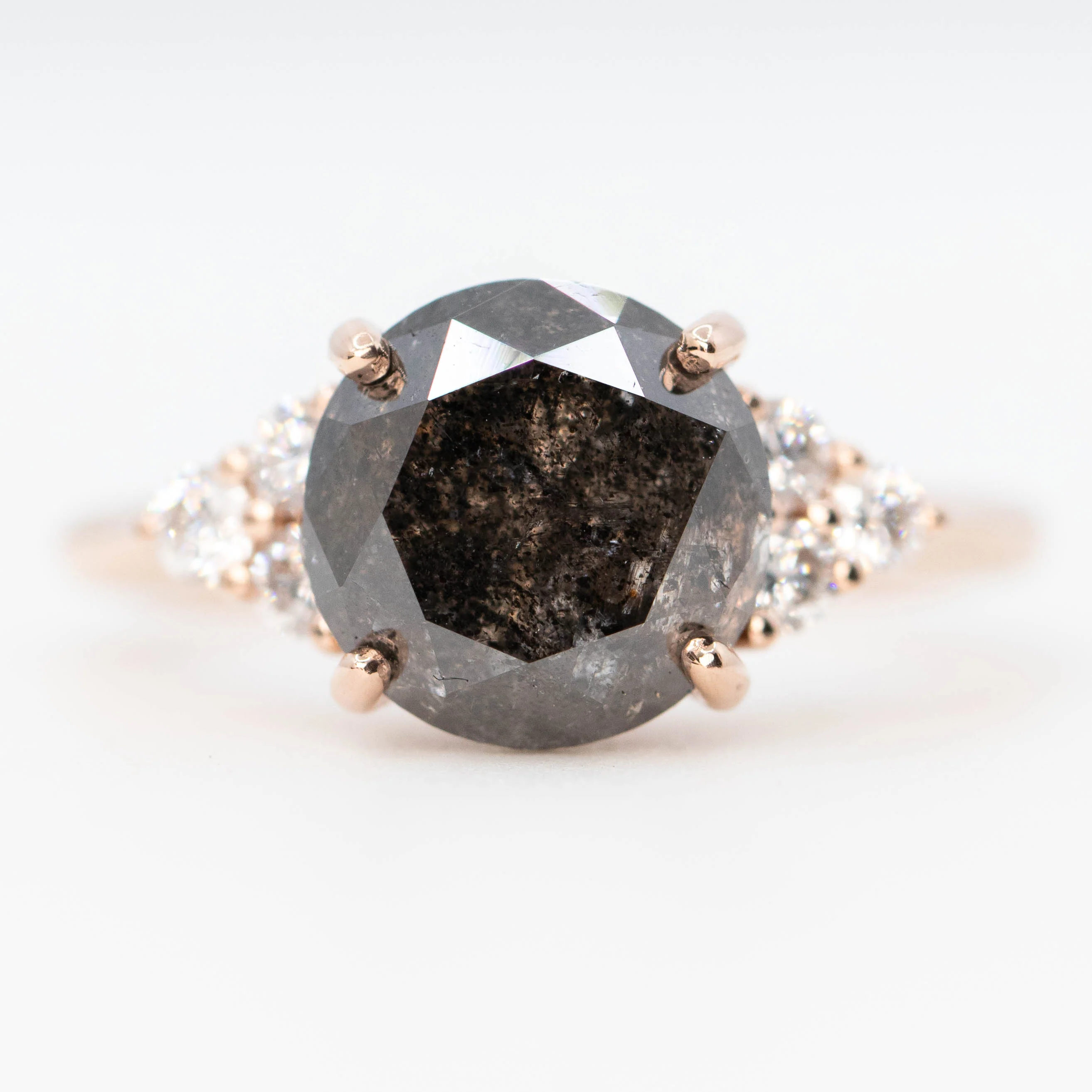 Aster Ring with a 4.84 Carat Dark Salt and Pepper Diamond and White Accent Diamonds in 14k Rose Gold - Ready to Size and Ship
