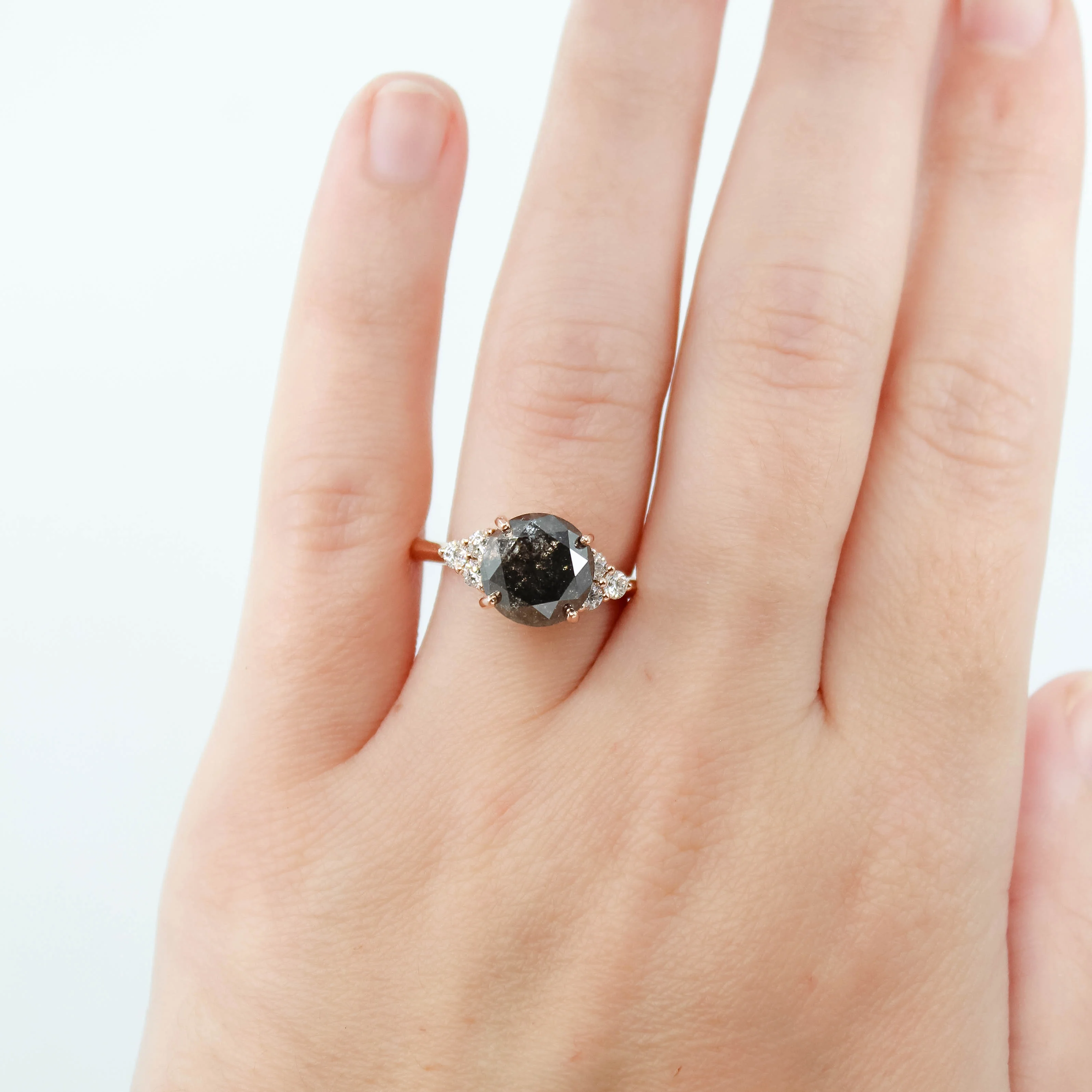 Aster Ring with a 4.84 Carat Dark Salt and Pepper Diamond and White Accent Diamonds in 14k Rose Gold - Ready to Size and Ship - Image 2