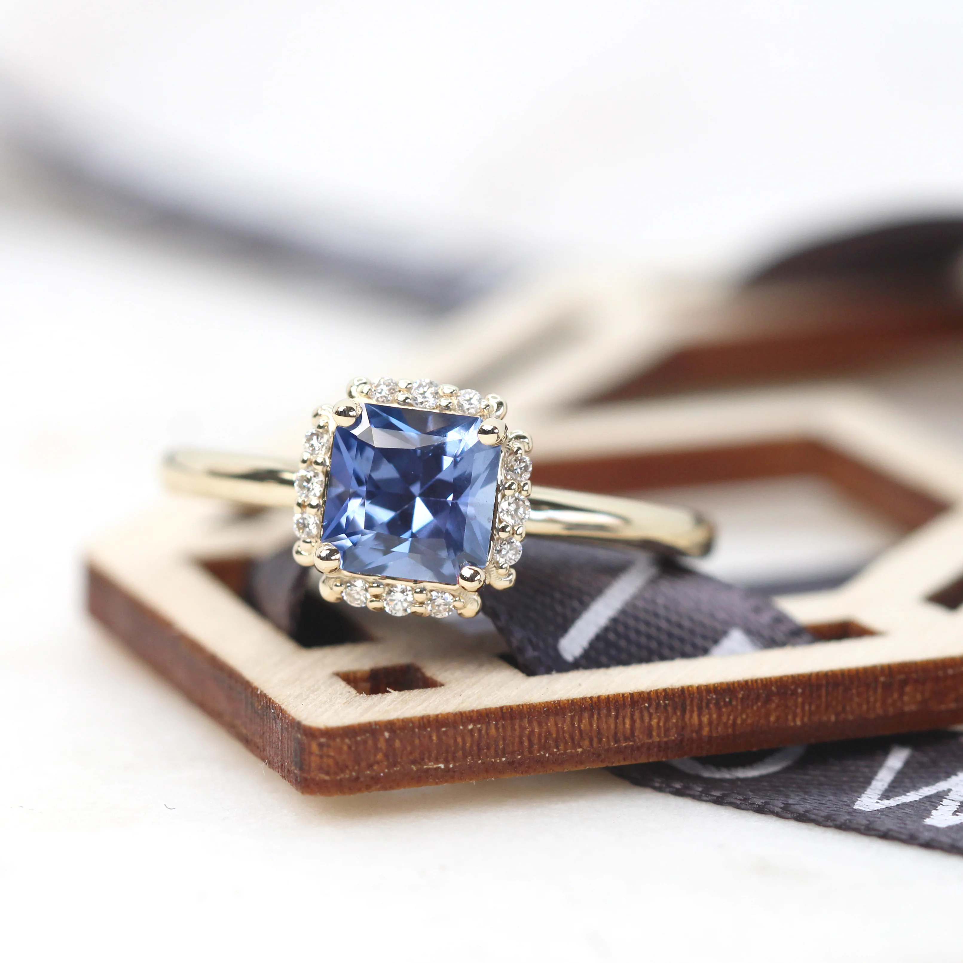 Astrid Ring with a 1.08 Carat Radiant Cut Blue Sapphire and White Accent Diamonds in 10k Yellow Gold - Ready to Size and Ship - Image 7