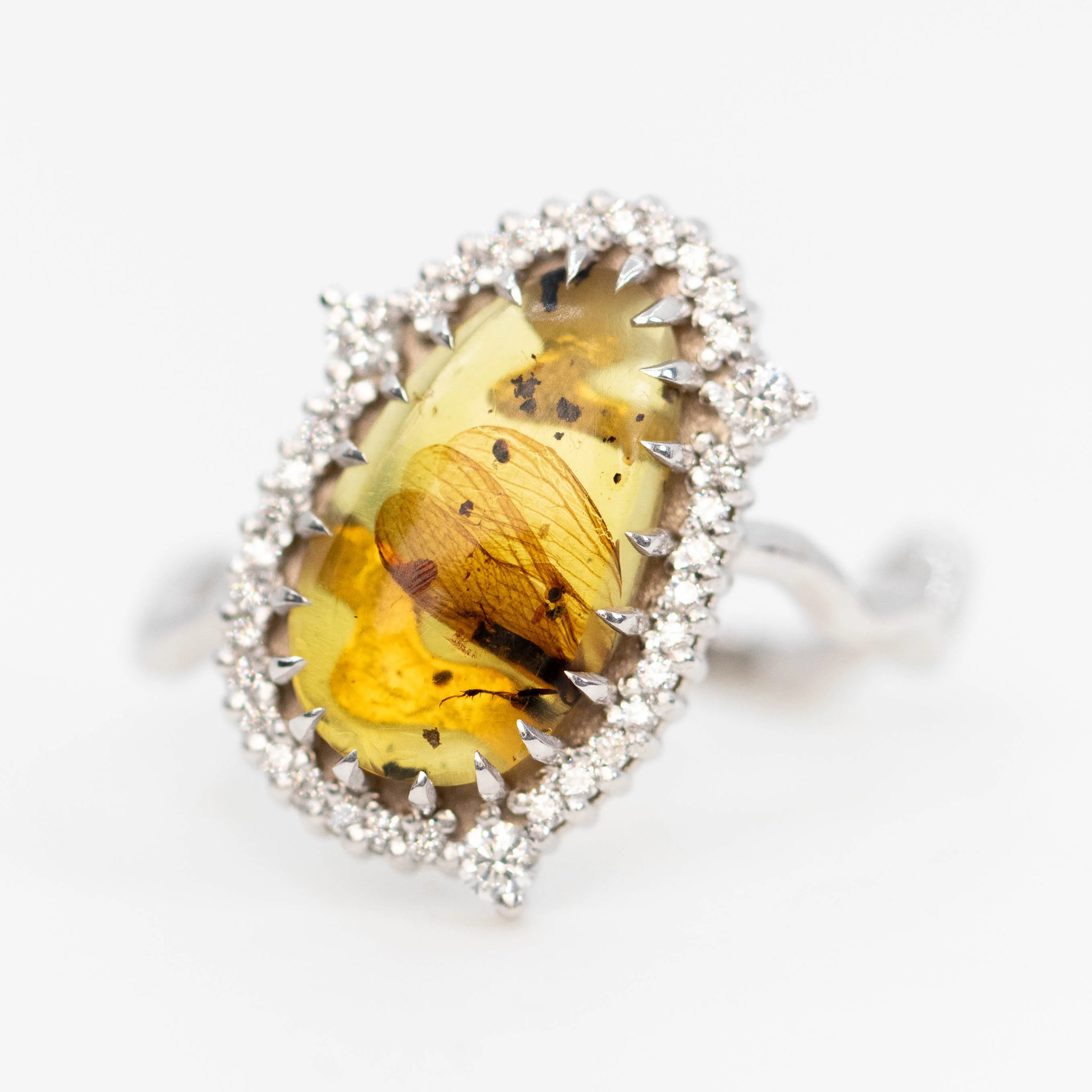 Beatrix Ring with a 1.33 Carat Pear Cabochon Amber with Internal Insect Wings and White Accent Diamonds in 14k White Gold - Ready to Size and Ship - Image 3