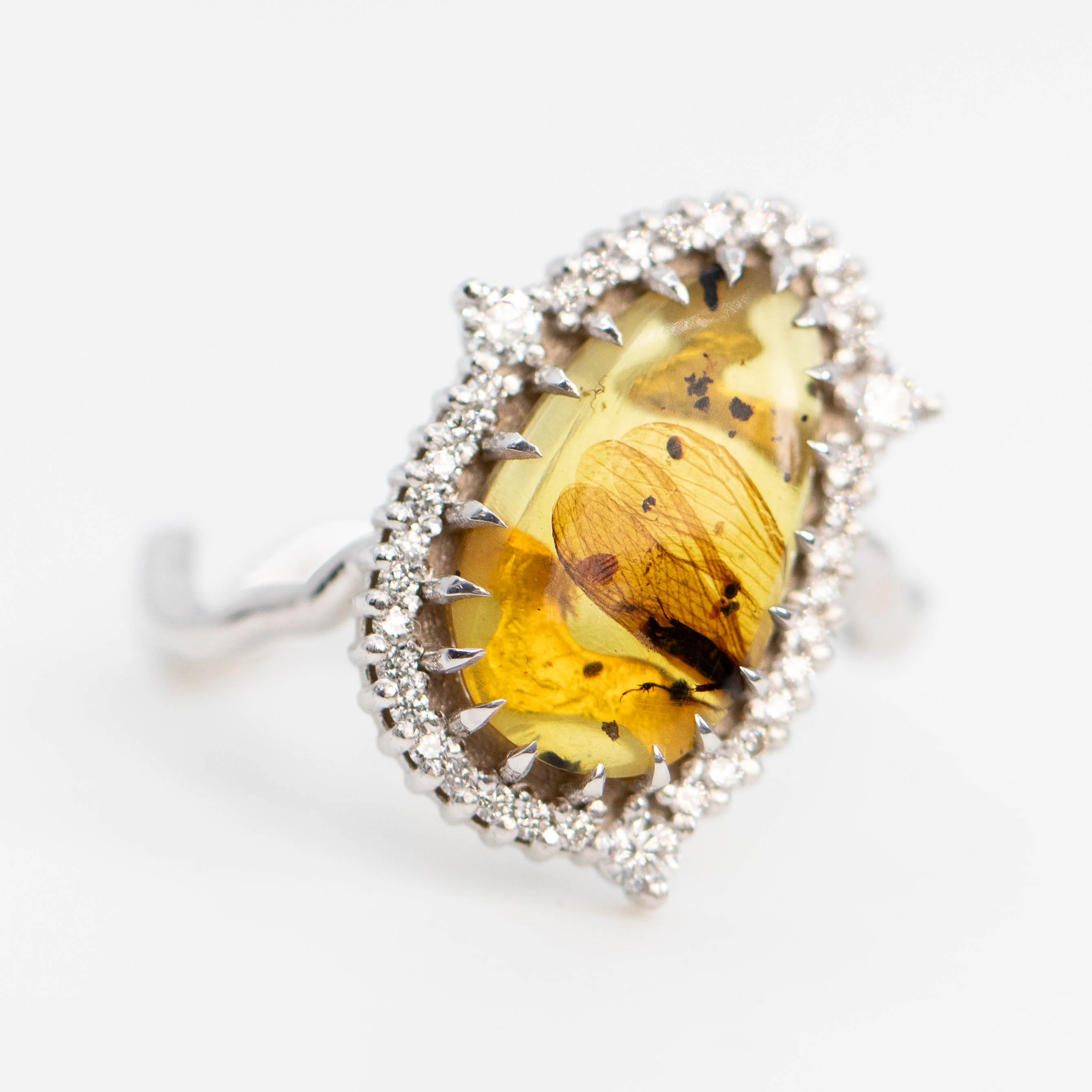 Beatrix Ring with a 1.33 Carat Pear Cabochon Amber with Internal Insect Wings and White Accent Diamonds in 14k White Gold - Ready to Size and Ship - Image 4