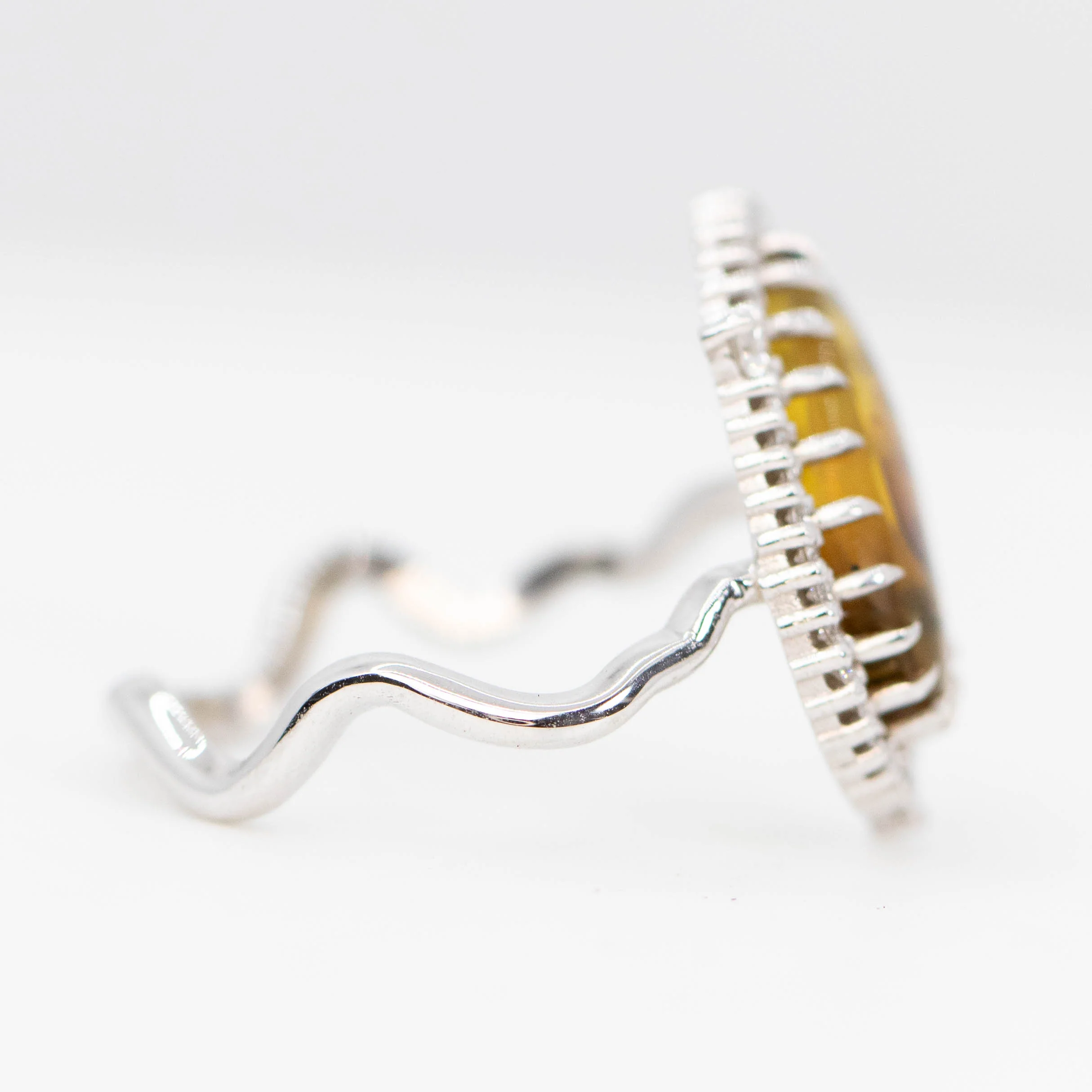 Beatrix Ring with a 1.33 Carat Pear Cabochon Amber with Internal Insect Wings and White Accent Diamonds in 14k White Gold - Ready to Size and Ship - Image 5