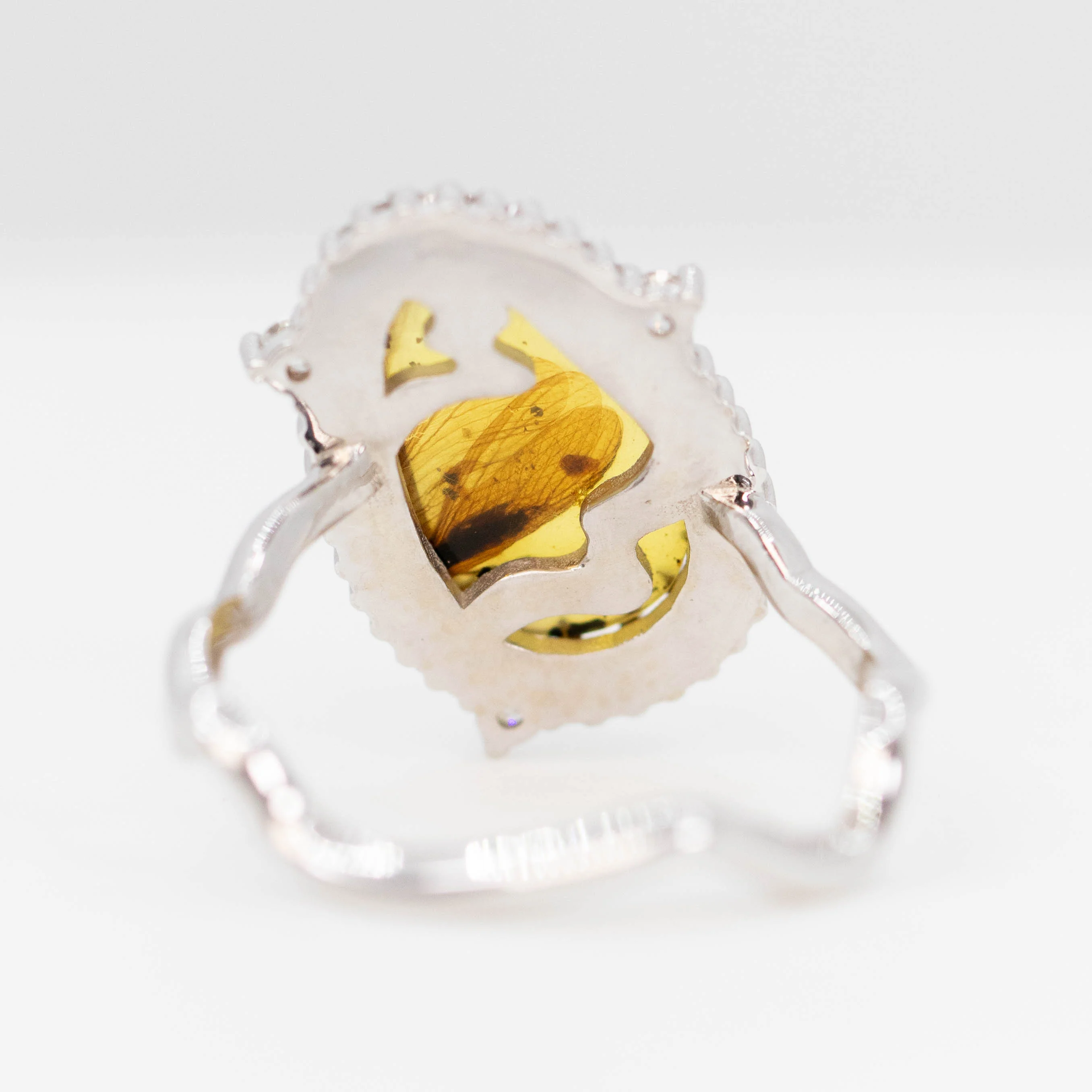 Beatrix Ring with a 1.33 Carat Pear Cabochon Amber with Internal Insect Wings and White Accent Diamonds in 14k White Gold - Ready to Size and Ship - Image 6