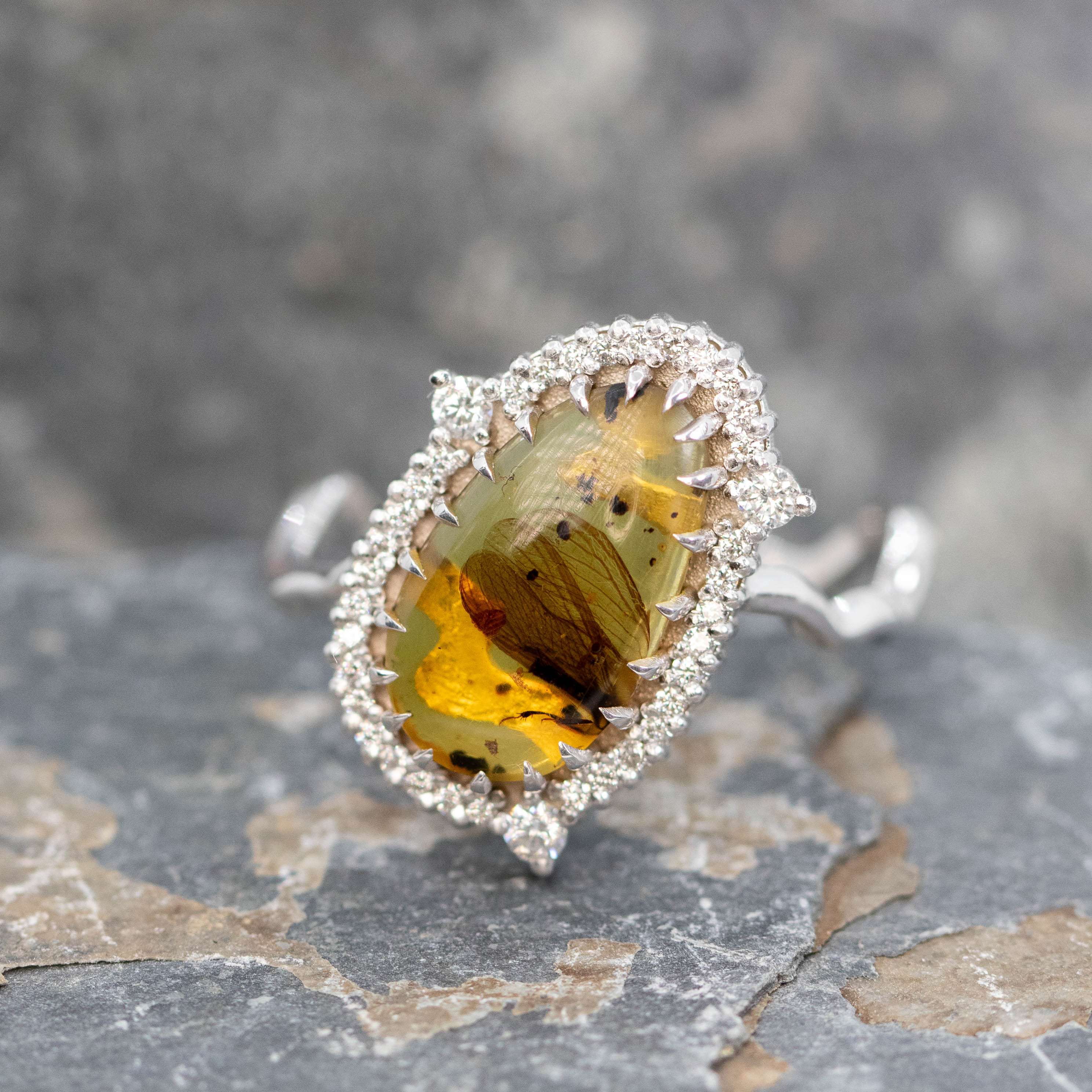 Beatrix Ring with a 1.33 Carat Pear Cabochon Amber with Internal Insect Wings and White Accent Diamonds in 14k White Gold - Ready to Size and Ship - Image 7