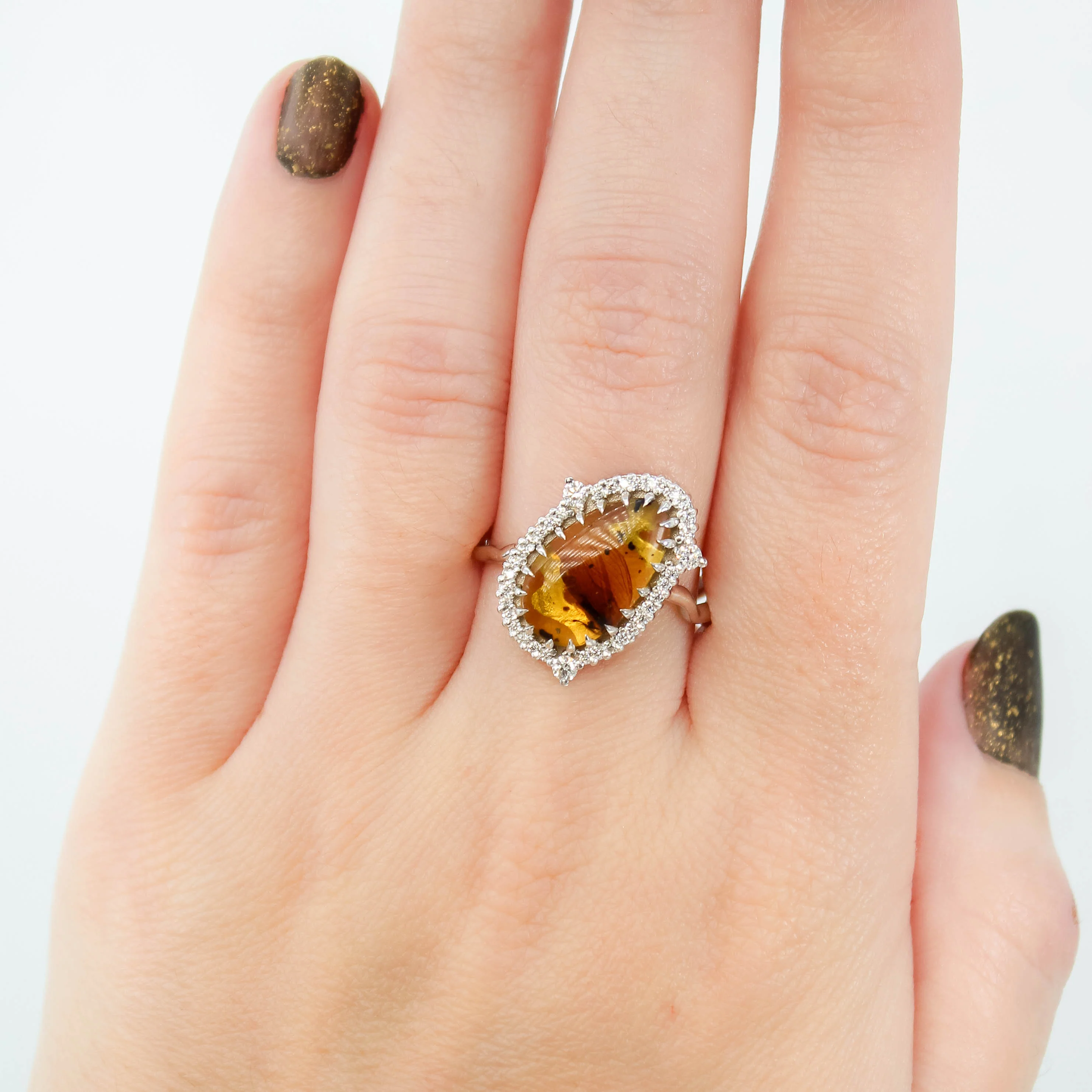 Beatrix Ring with a 1.33 Carat Pear Cabochon Amber with Internal Insect Wings and White Accent Diamonds in 14k White Gold - Ready to Size and Ship - Image 8