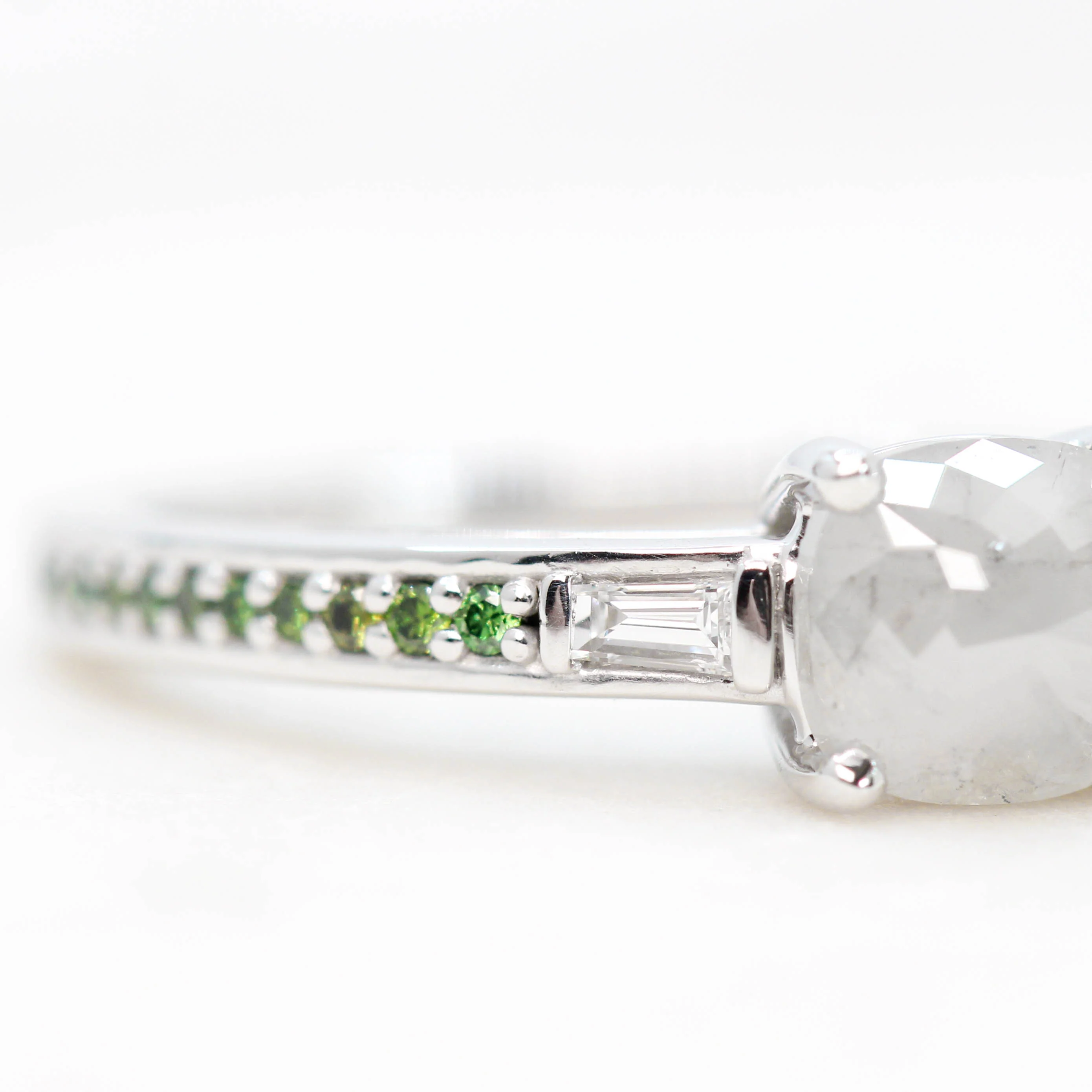 Beckett Ring with a 0.80 Carat Misty Gray Cushion Cut Salt and Pepper Diamond and Green Accent Diamonds in 14k White Gold - Ready to Size and Ship - Image 10