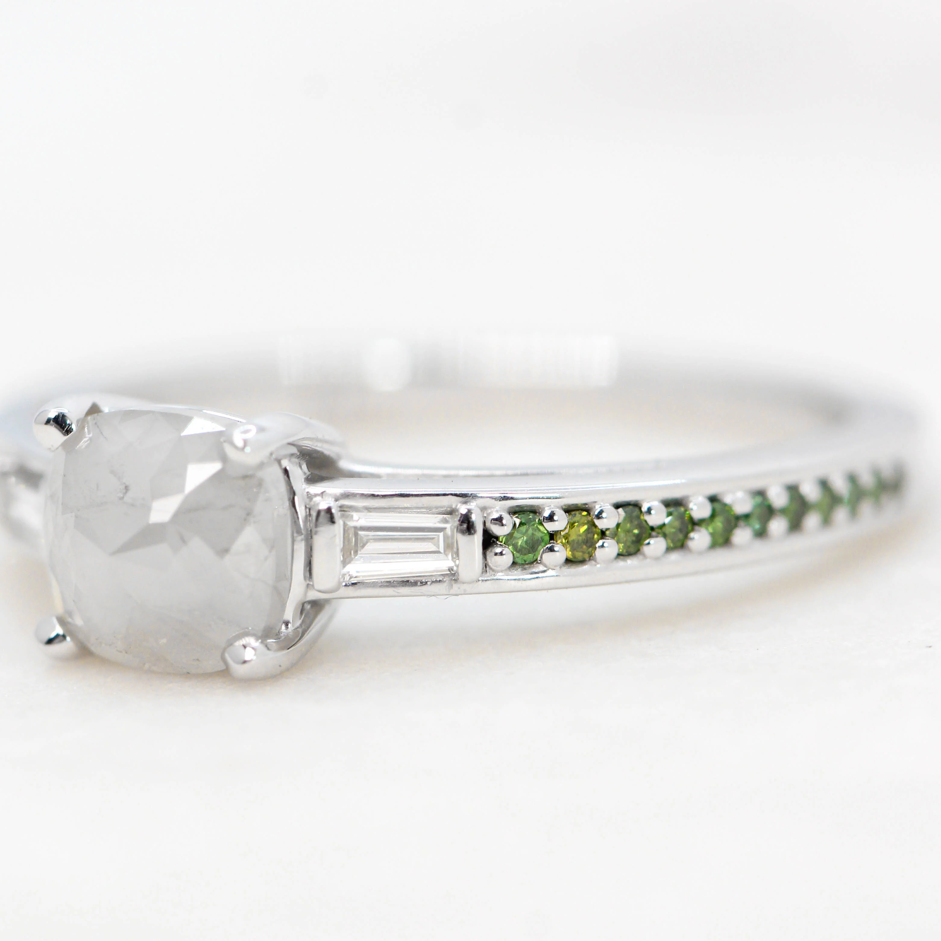 Beckett Ring with a 0.80 Carat Misty Gray Cushion Cut Salt and Pepper Diamond and Green Accent Diamonds in 14k White Gold - Ready to Size and Ship - Image 11