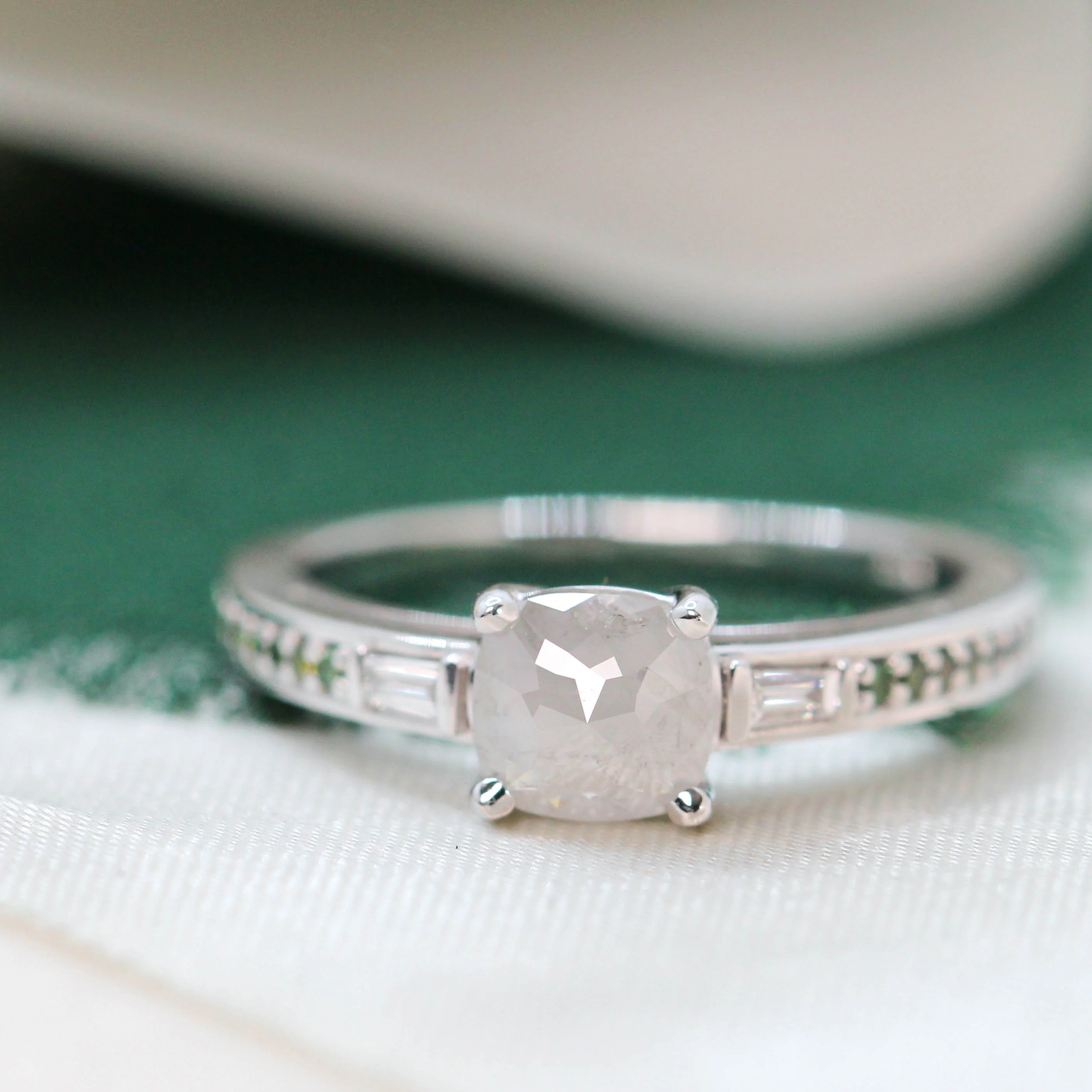 Beckett Ring with a 0.80 Carat Misty Gray Cushion Cut Salt and Pepper Diamond and Green Accent Diamonds in 14k White Gold - Ready to Size and Ship - Image 12
