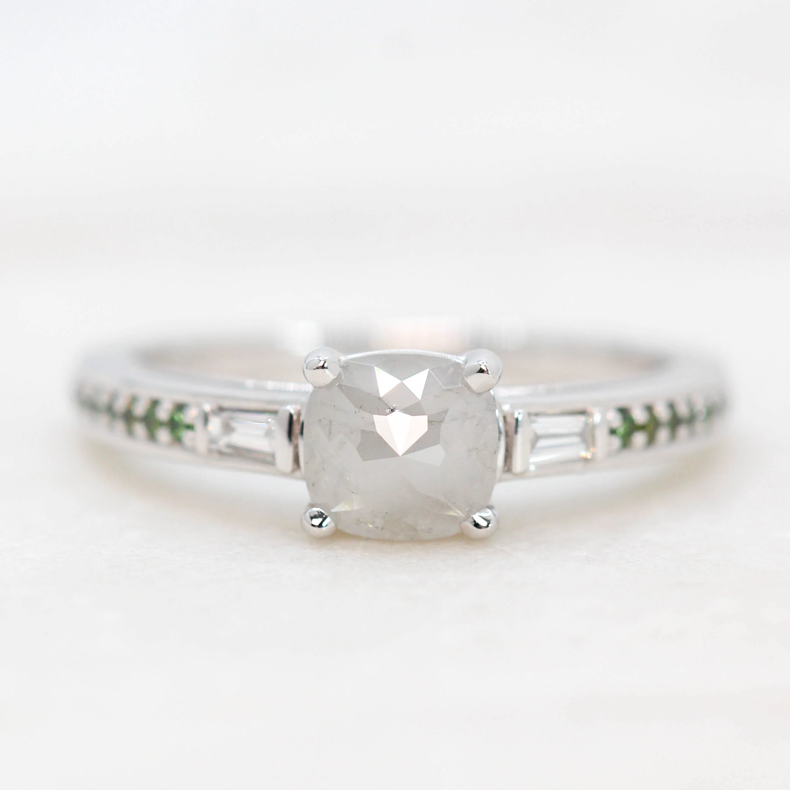 Beckett Ring with a 0.80 Carat Misty Gray Cushion Cut Salt and Pepper Diamond and Green Accent Diamonds in 14k White Gold - Ready to Size and Ship - Image 3