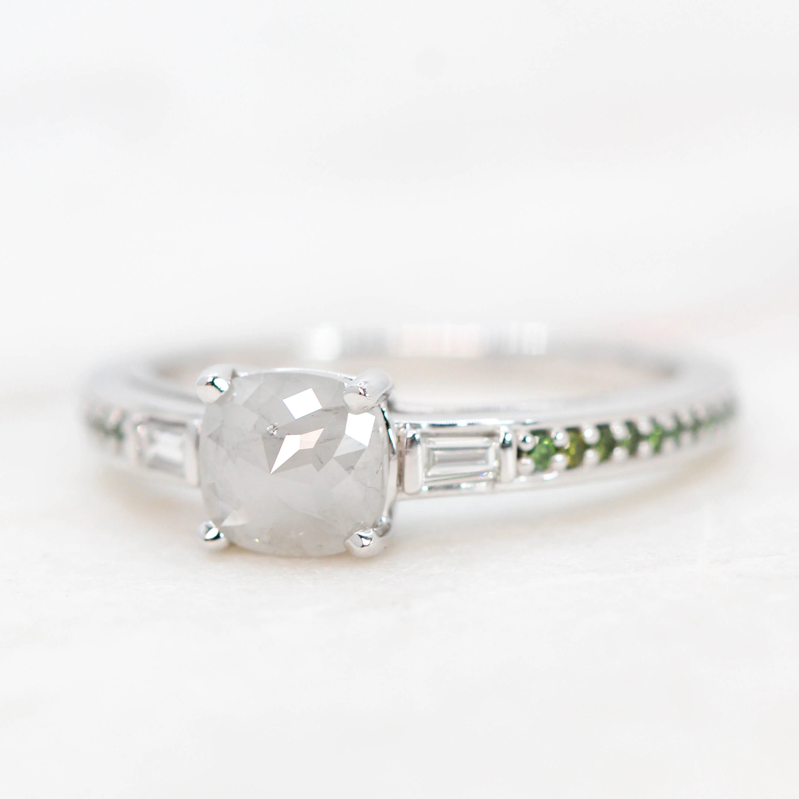 Beckett Ring with a 0.80 Carat Misty Gray Cushion Cut Salt and Pepper Diamond and Green Accent Diamonds in 14k White Gold - Ready to Size and Ship - Image 4