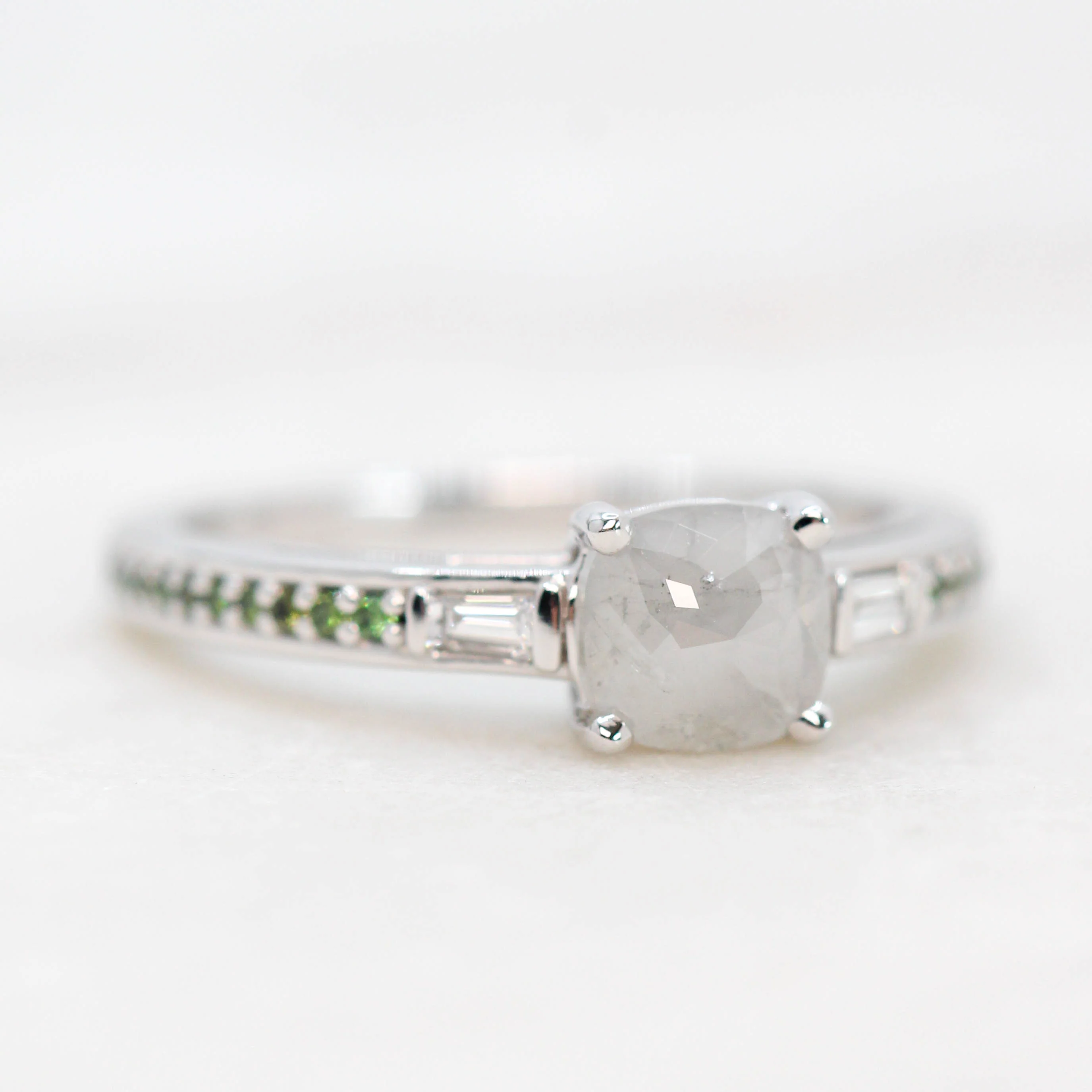 Beckett Ring with a 0.80 Carat Misty Gray Cushion Cut Salt and Pepper Diamond and Green Accent Diamonds in 14k White Gold - Ready to Size and Ship - Image 5