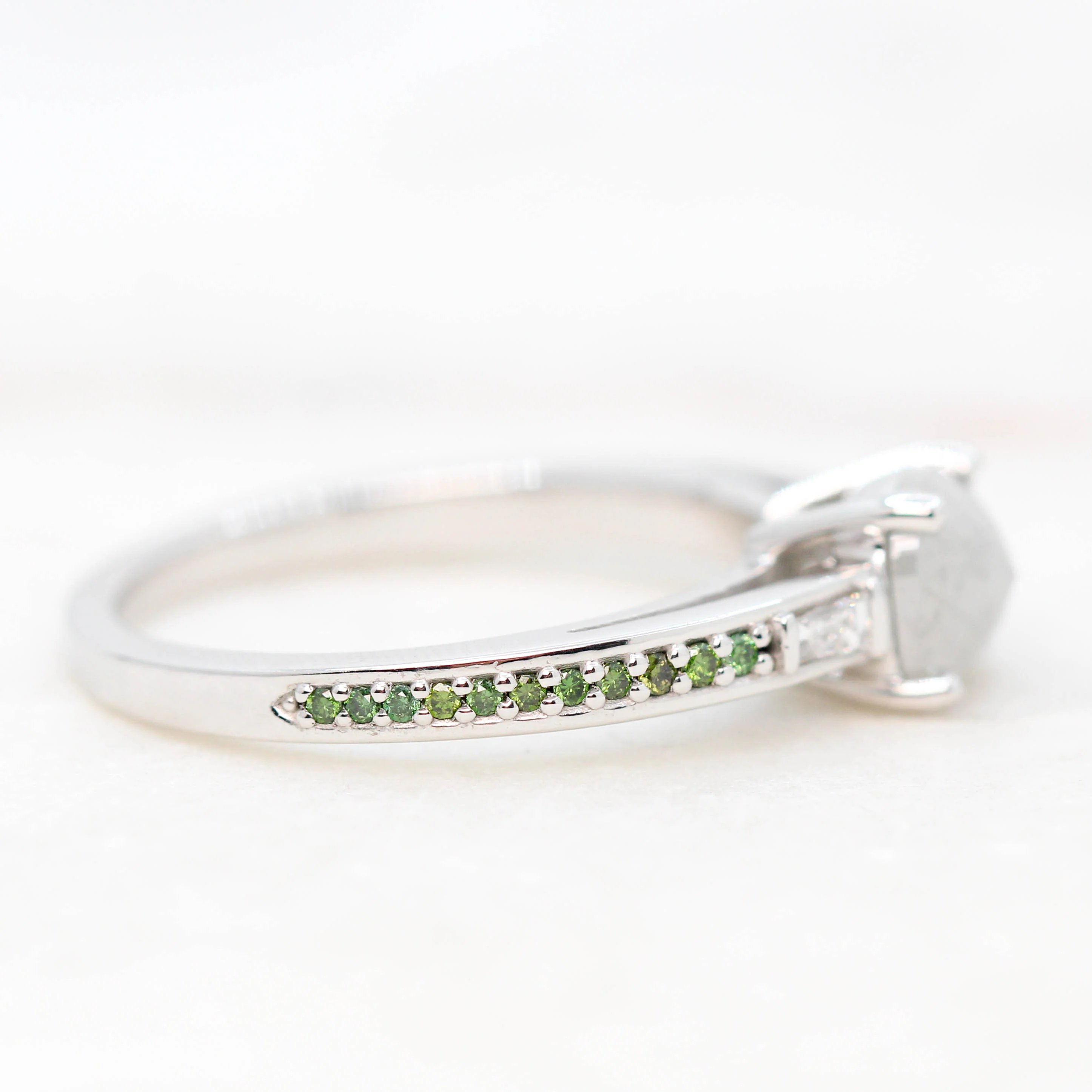 Beckett Ring with a 0.80 Carat Misty Gray Cushion Cut Salt and Pepper Diamond and Green Accent Diamonds in 14k White Gold - Ready to Size and Ship - Image 6