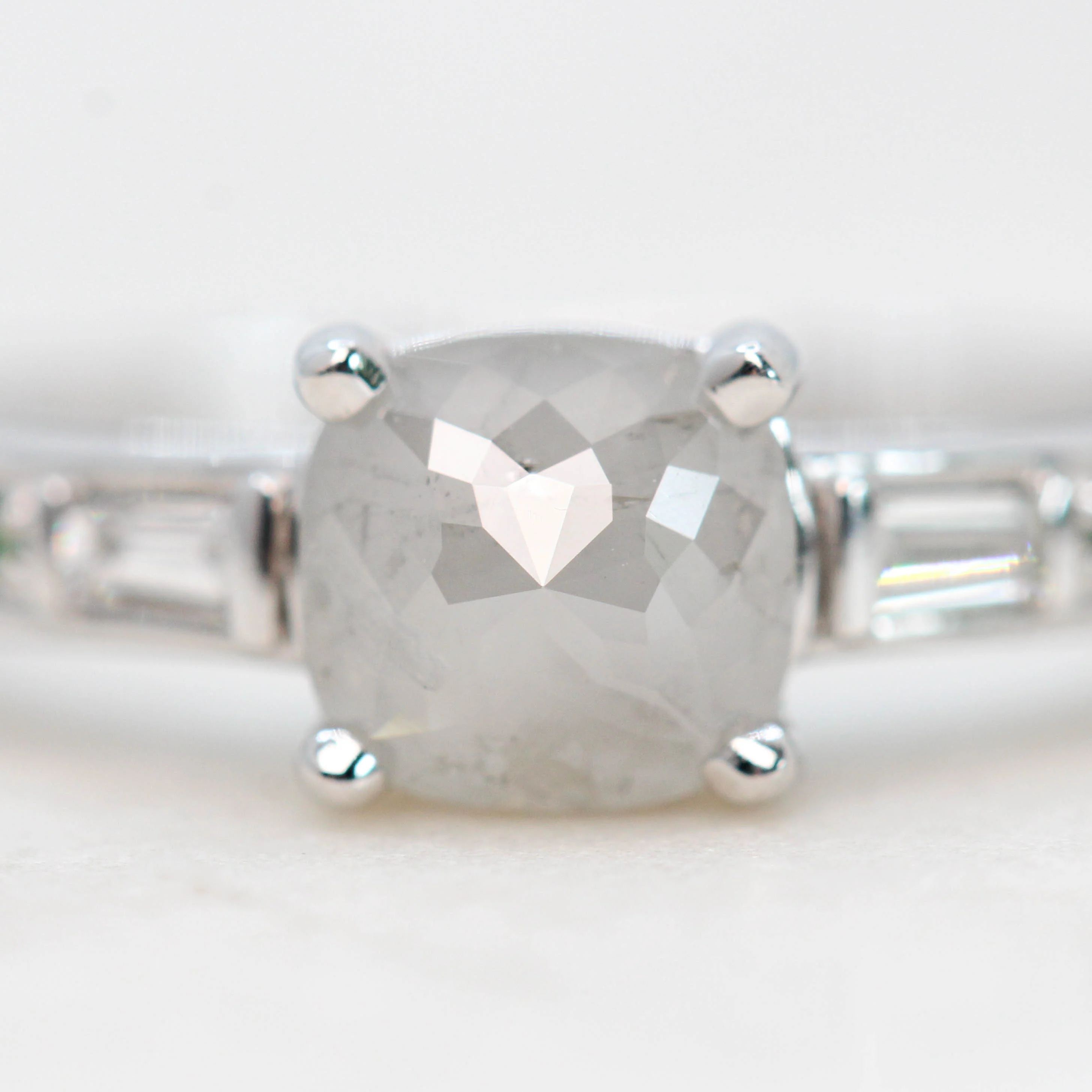 Beckett Ring with a 0.80 Carat Misty Gray Cushion Cut Salt and Pepper Diamond and Green Accent Diamonds in 14k White Gold - Ready to Size and Ship - Image 8