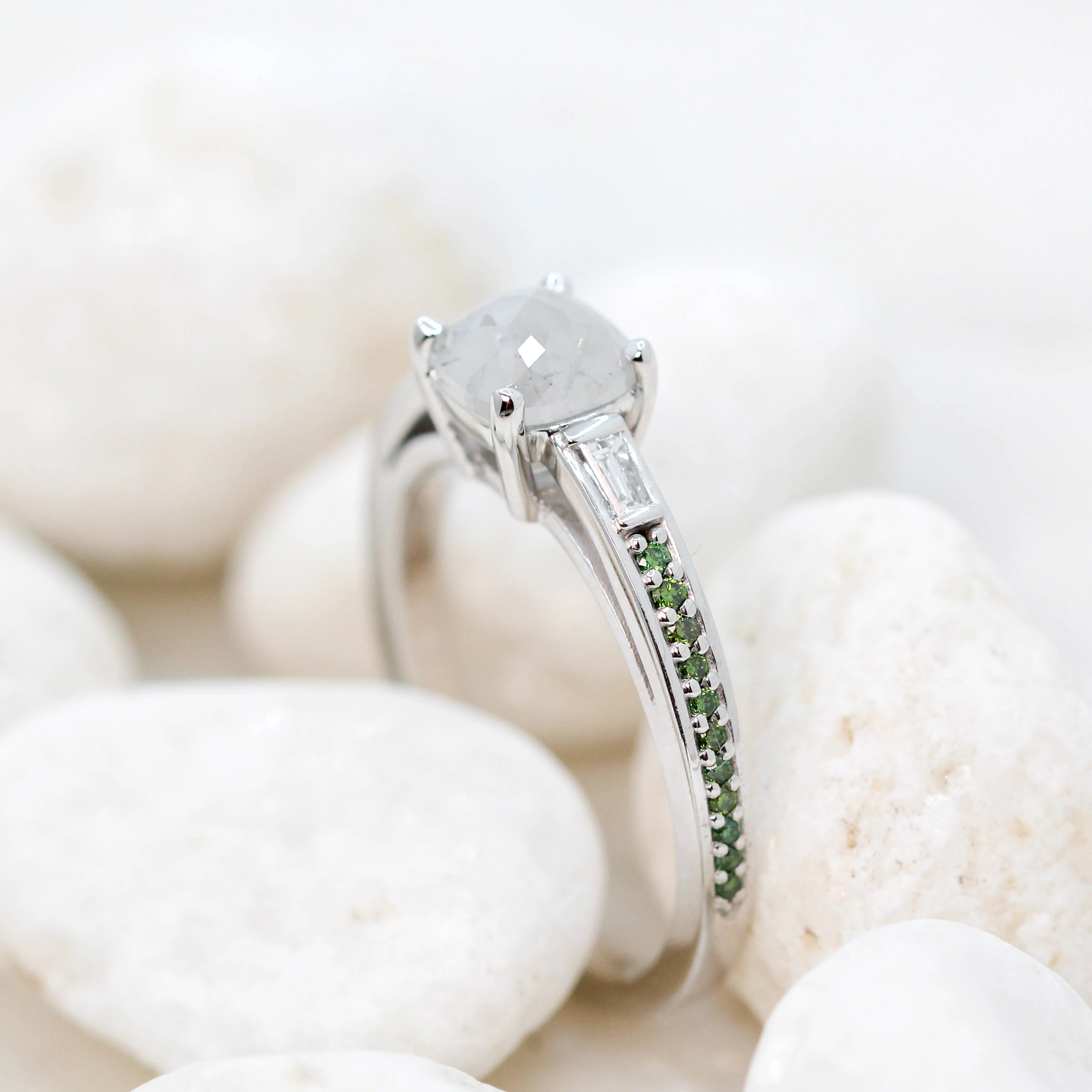 Beckett Ring with a 0.80 Carat Misty Gray Cushion Cut Salt and Pepper Diamond and Green Accent Diamonds in 14k White Gold - Ready to Size and Ship - Image 9