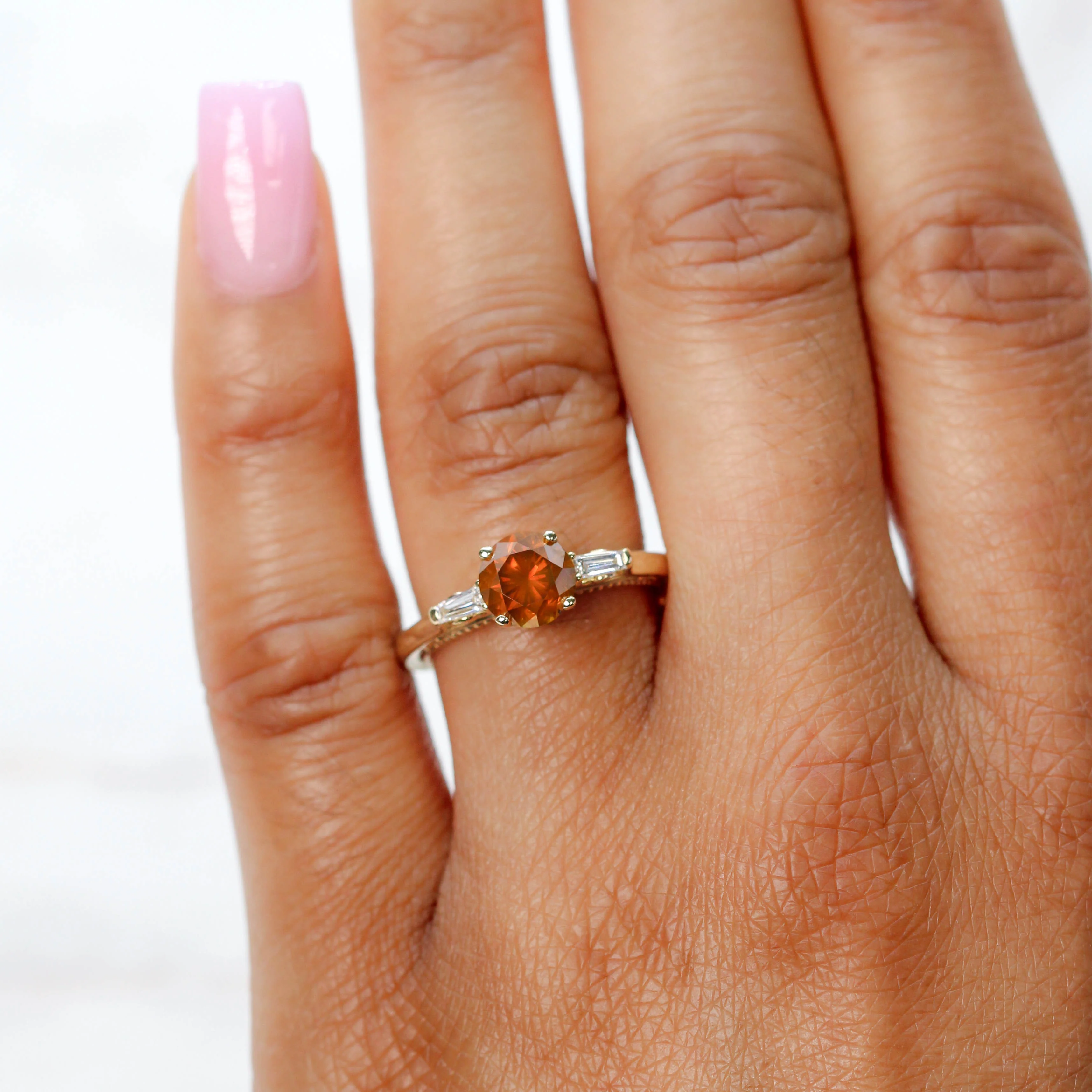 Bella Ring with a 1.29 Carat Round Orange Salt and Pepper Diamond and White Accent Diamonds in 14k Yellow Gold - Ready to Size and Ship - Image 2