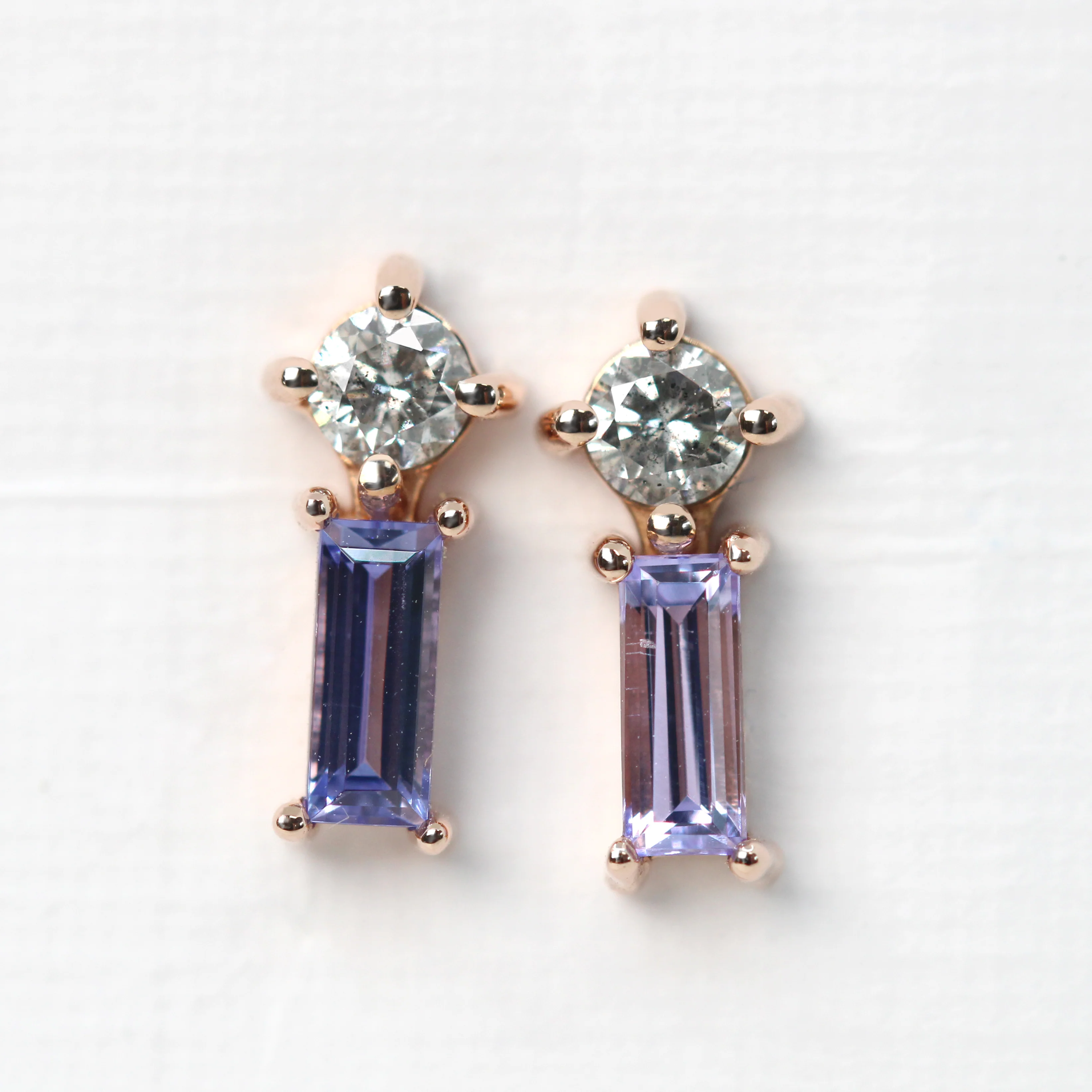 Blue Baguette Tanzanite & Round Salt and Pepper Diamond Earrings - Made to Order, Choose your Gold Tone