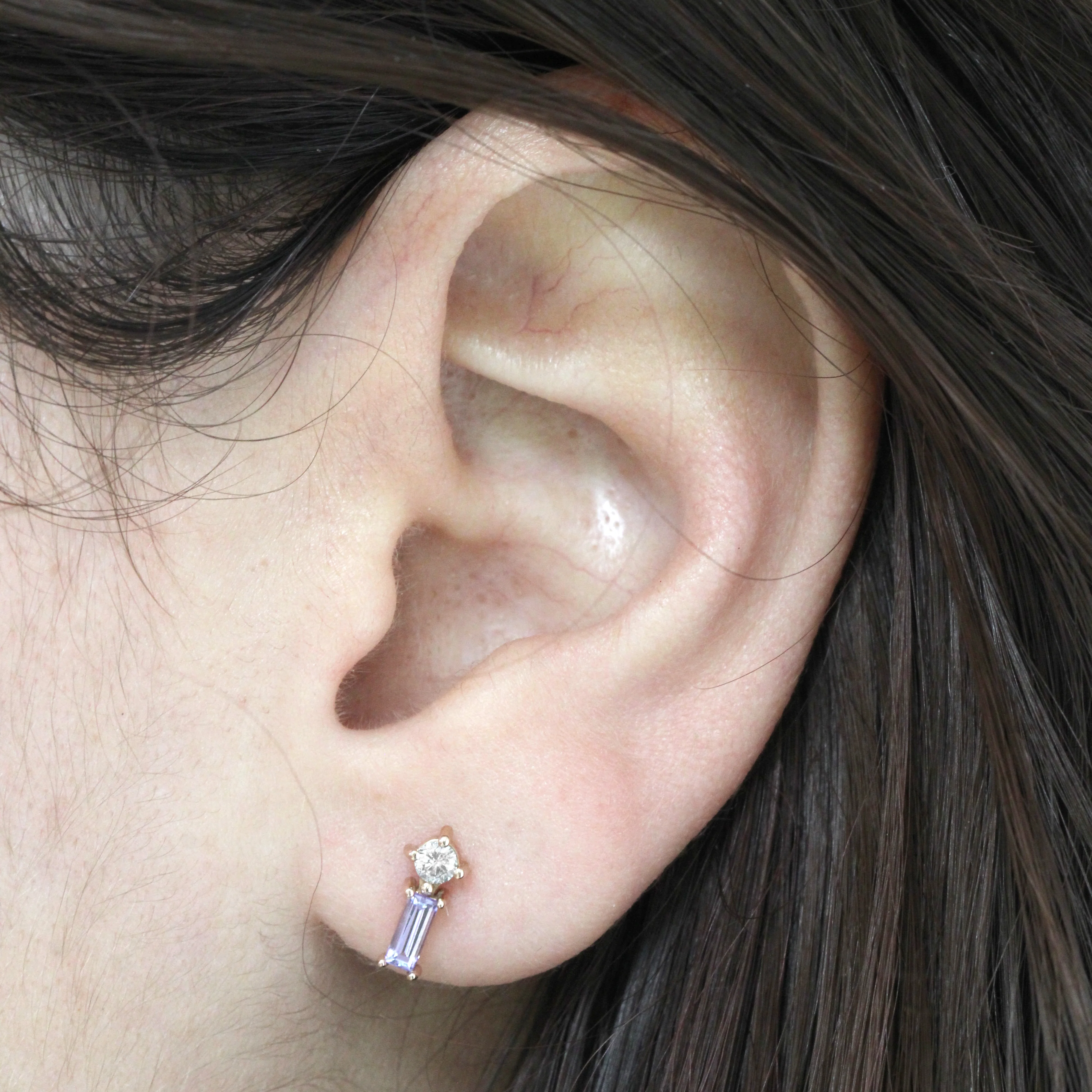 Blue Baguette Tanzanite & Round Salt and Pepper Diamond Earrings - Made to Order, Choose your Gold Tone - Image 2